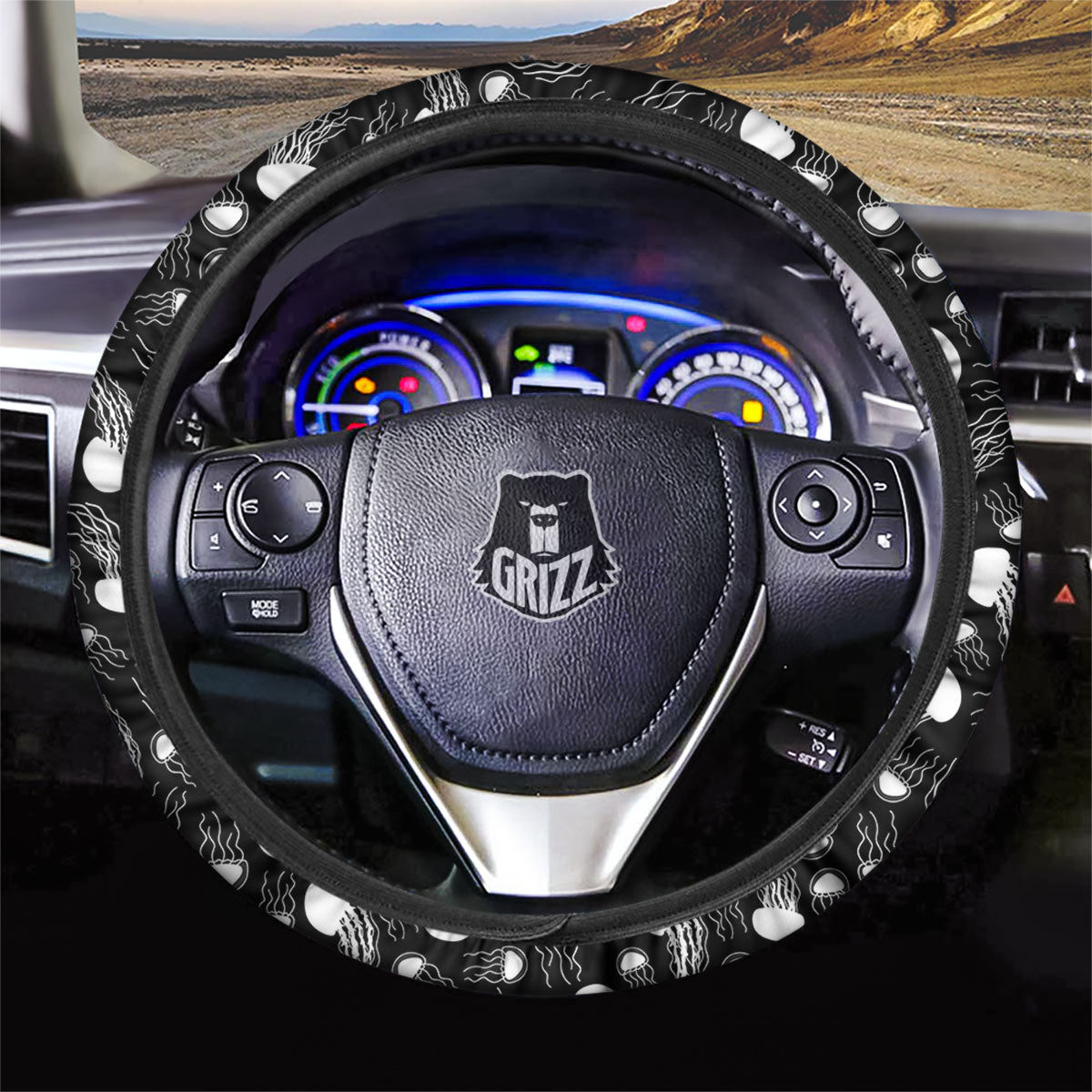 Jellyfish White And Black Print Pattern Car Steering Wheel Cover-grizzshop