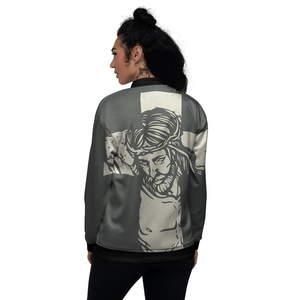 Jesus Christ Crucifixion Print Women's Bomber Jacket-grizzshop