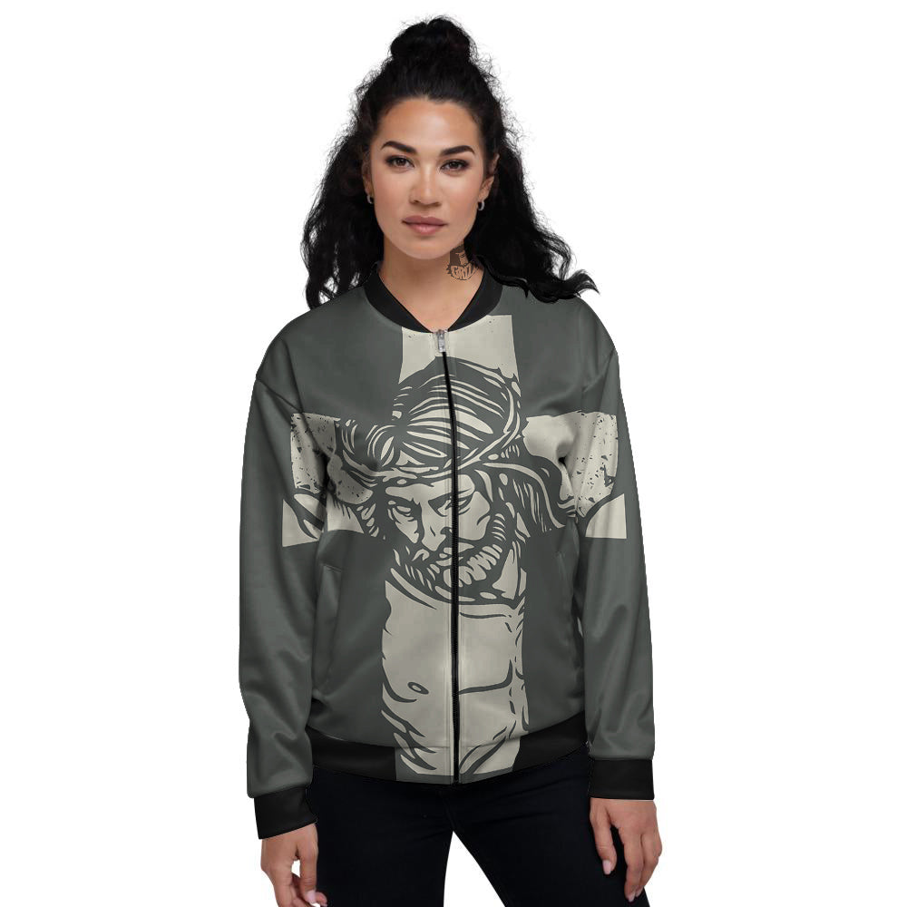 Jesus Christ Crucifixion Print Women's Bomber Jacket-grizzshop