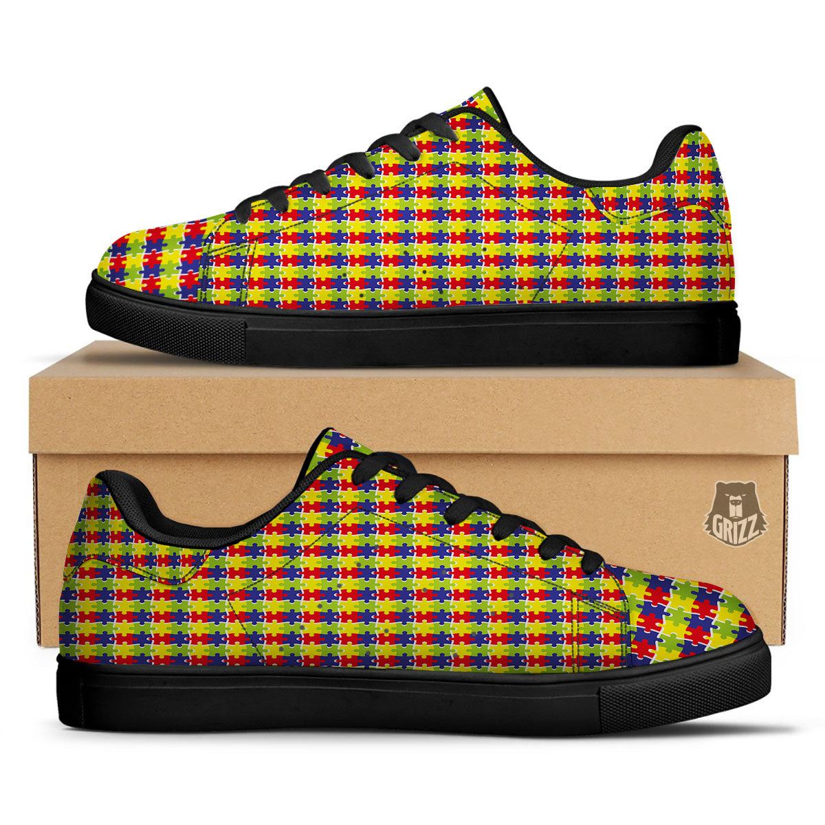 Jigsaw Autism Awareness Print Black Low Top Sneakers-grizzshop