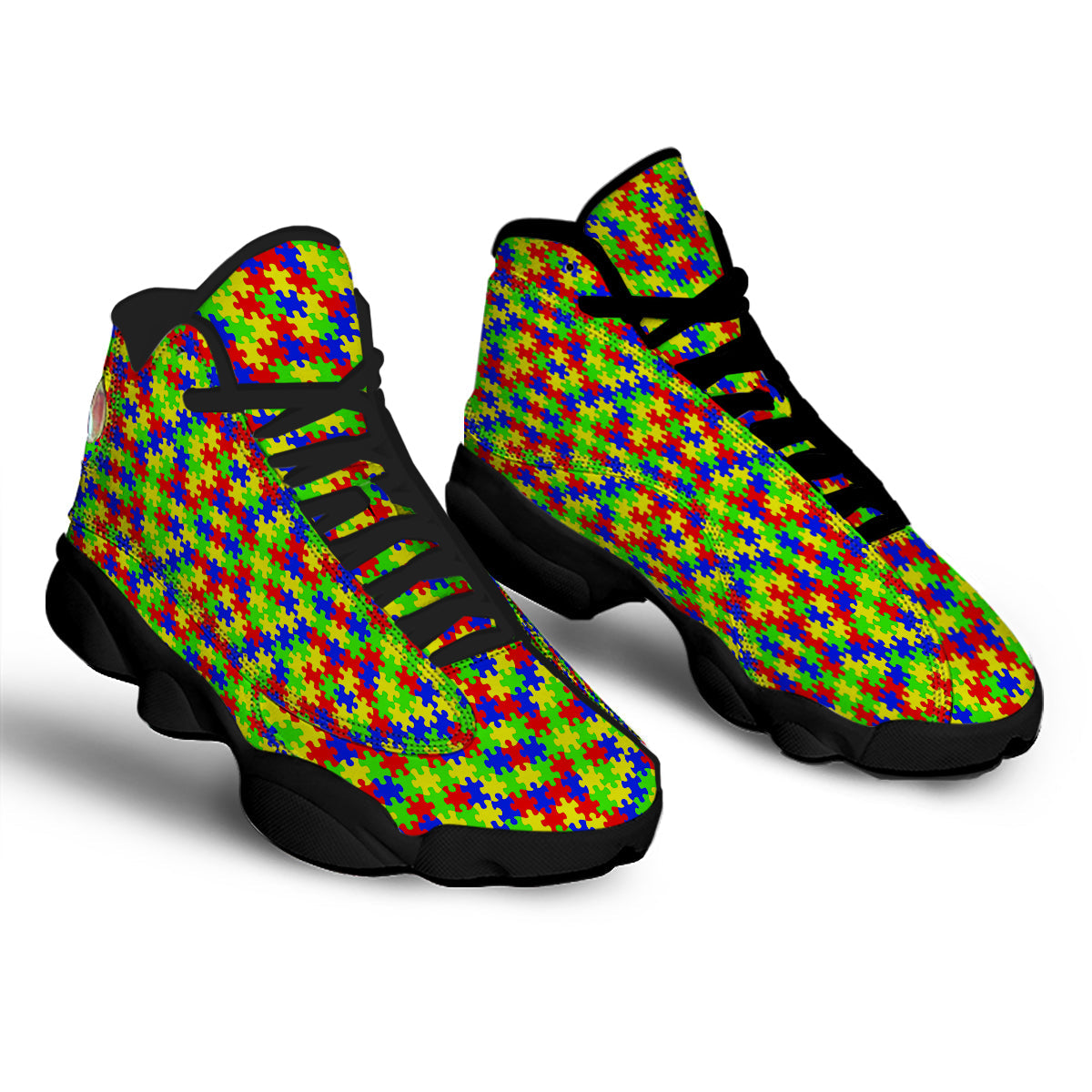 Jigsaw Autism Awareness Print Pattern Black Basketball Shoes-grizzshop