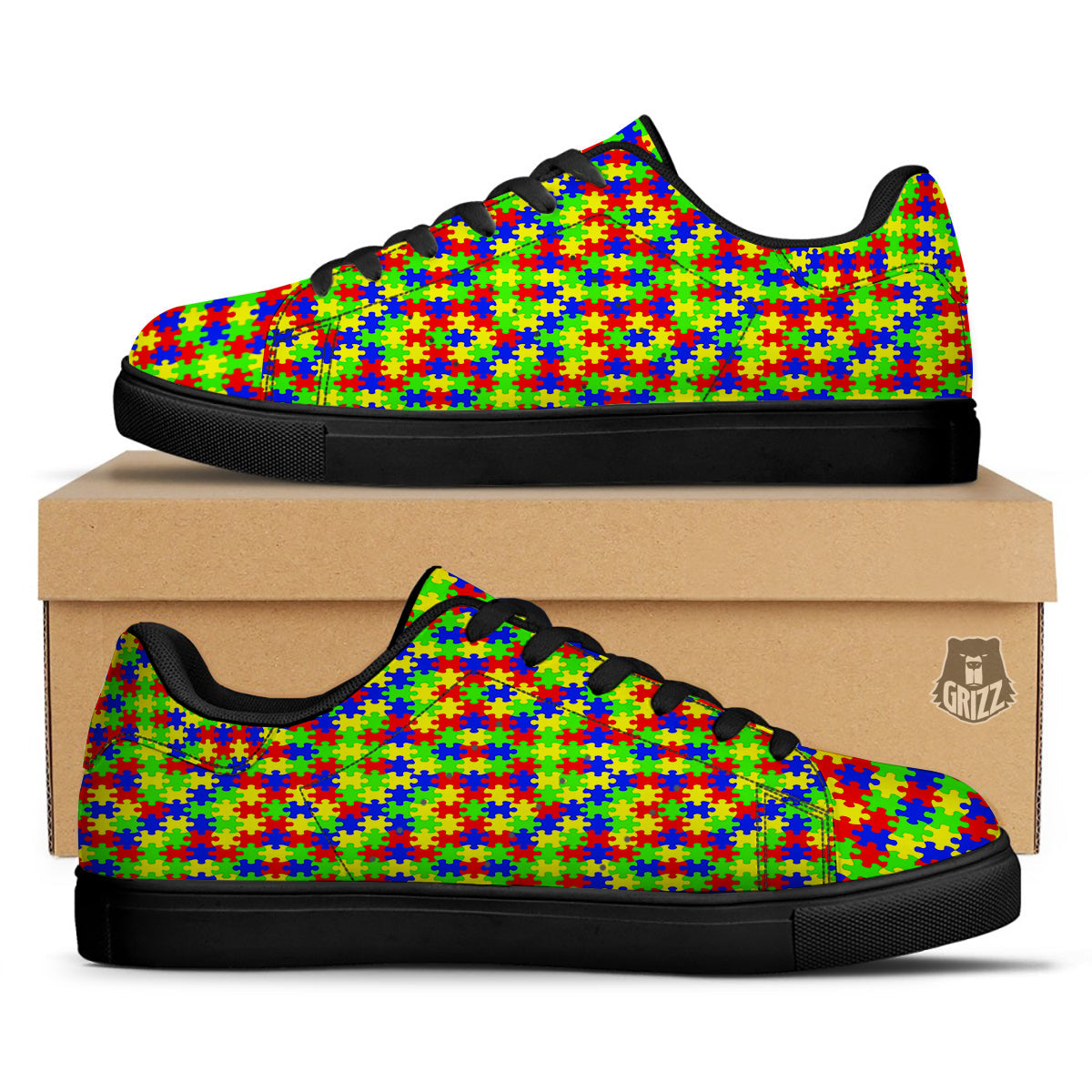 Jigsaw Autism Awareness Print Pattern Black Low Top Sneakers-grizzshop