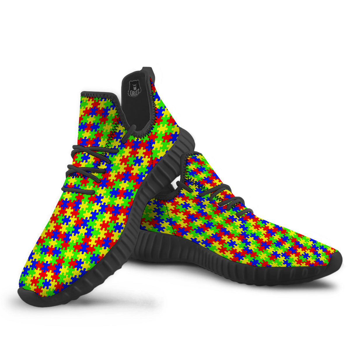 Jigsaw Autism Awareness Print Pattern Black Walking Shoes-grizzshop