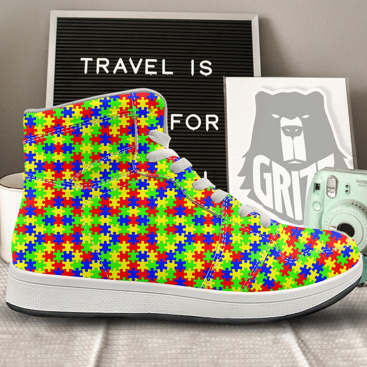 Jigsaw Autism Awareness Print Pattern High Top Sneakers-grizzshop