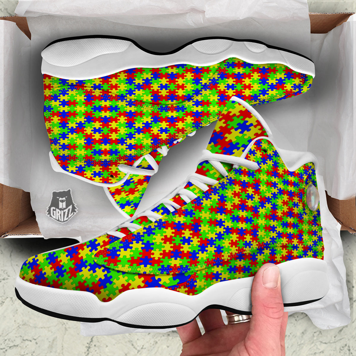 Jigsaw Autism Awareness Print Pattern White Basketball Shoes-grizzshop