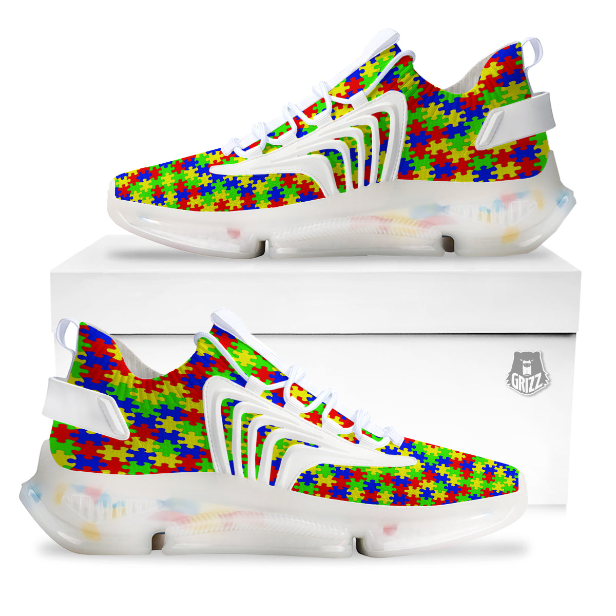 Jigsaw Autism Awareness Print Pattern White Gym Shoes-grizzshop