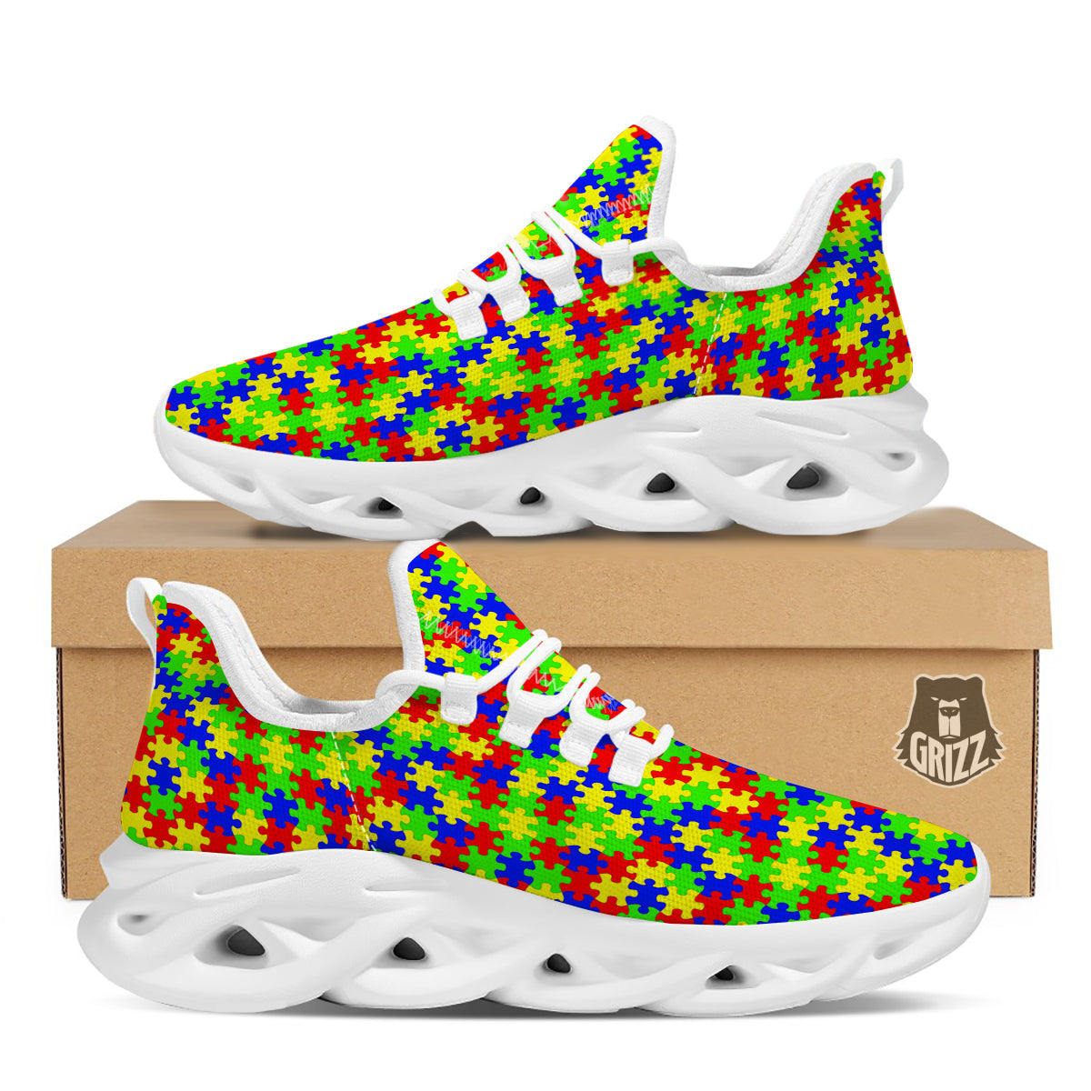Jigsaw Autism Awareness Print Pattern White Running Shoes-grizzshop