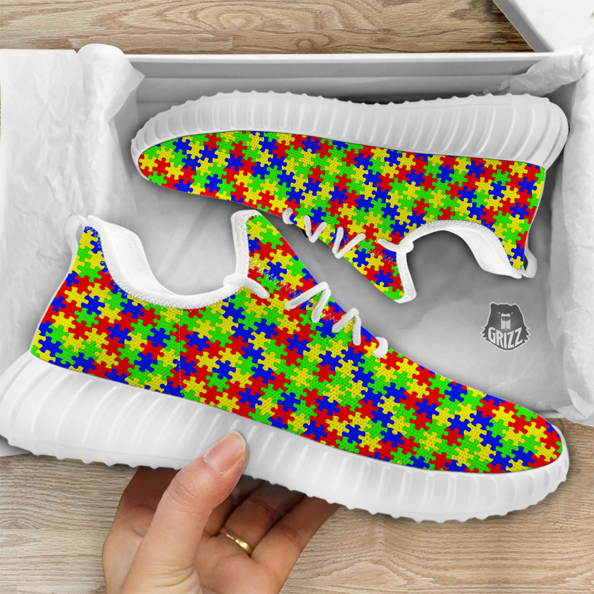 Jigsaw Autism Awareness Print Pattern White Walking Shoes-grizzshop