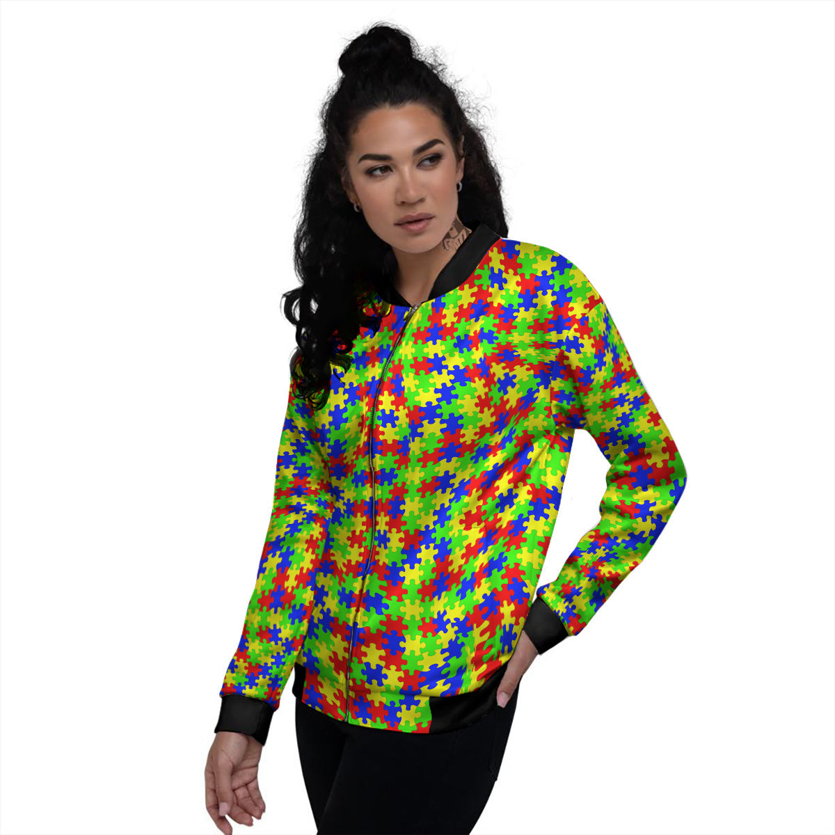 Jigsaw Autism Awareness Print Pattern Women's Bomber Jacket-grizzshop