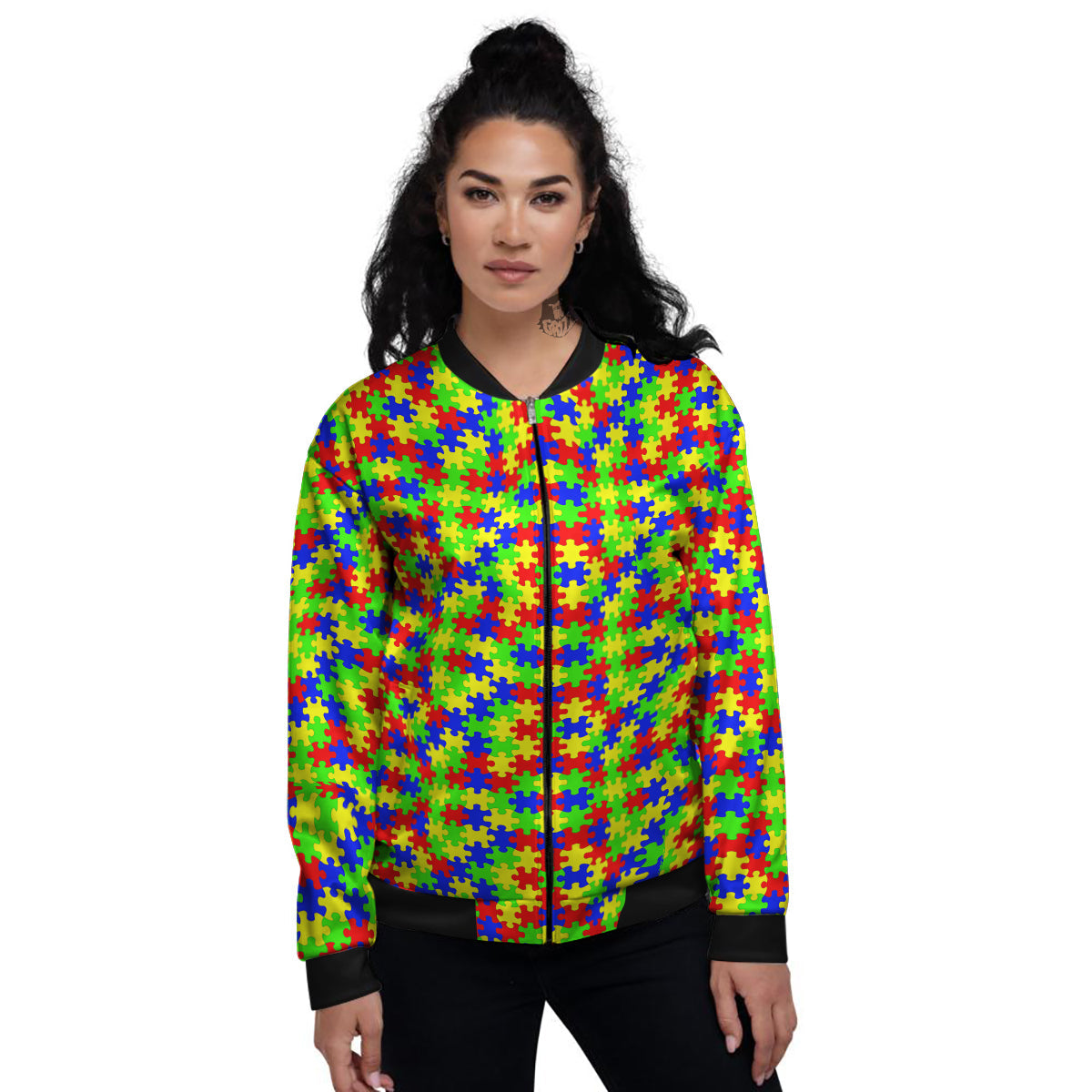 Jigsaw Autism Awareness Print Pattern Women's Bomber Jacket-grizzshop