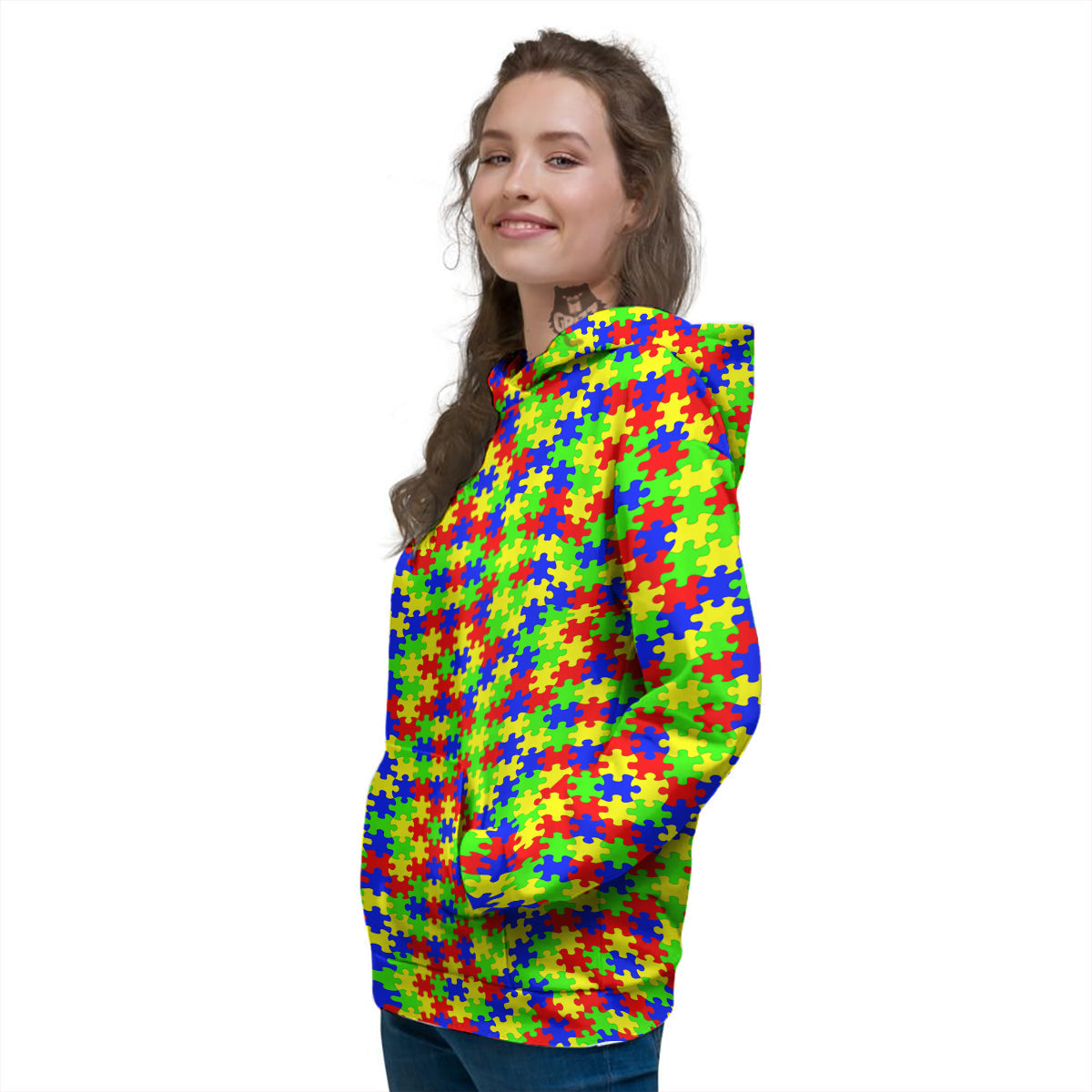 Jigsaw Autism Awareness Print Pattern Women's Hoodie-grizzshop