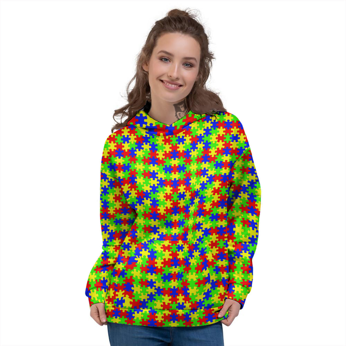 Jigsaw Autism Awareness Print Pattern Women's Hoodie-grizzshop