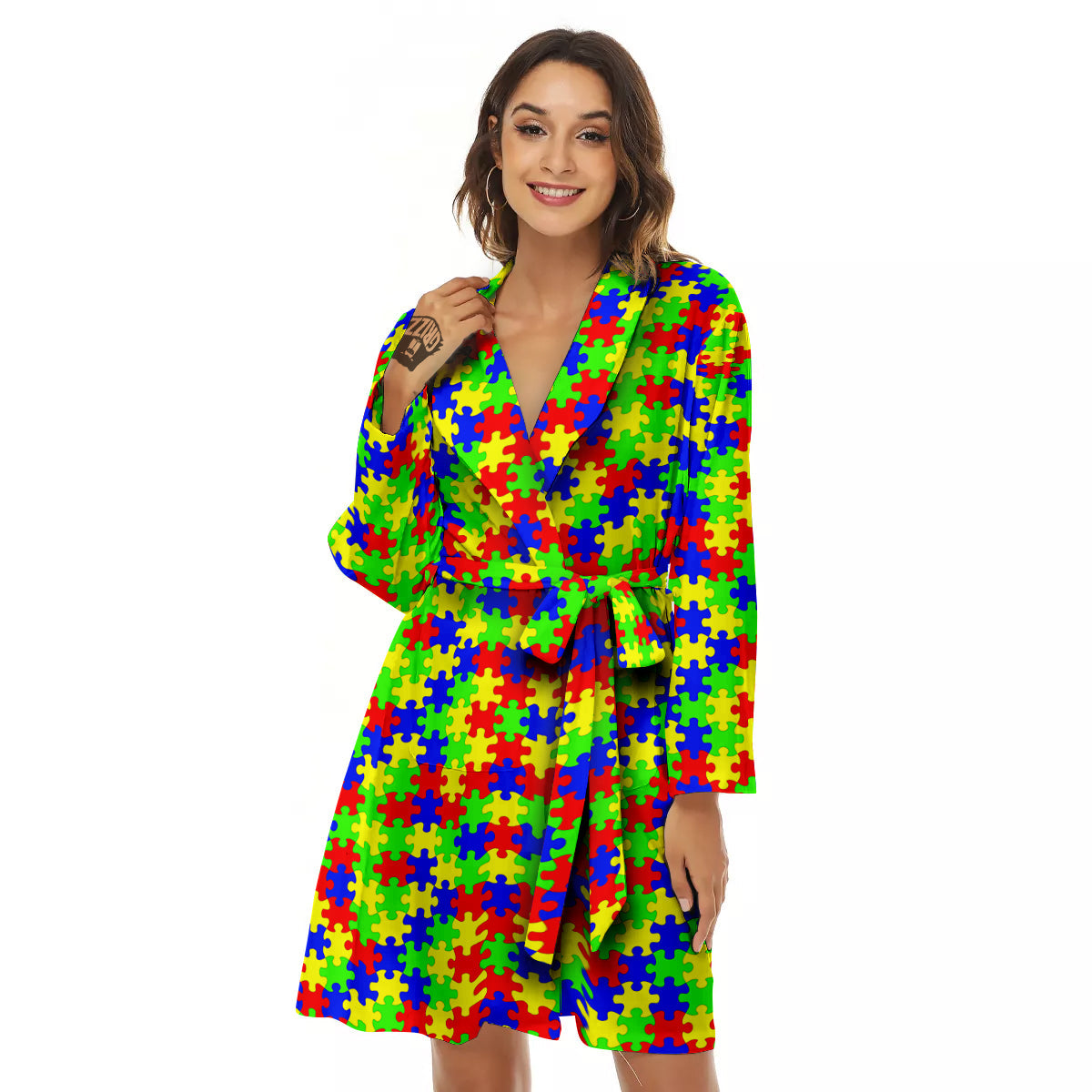 Jigsaw Autism Awareness Print Pattern Women's Robe-grizzshop