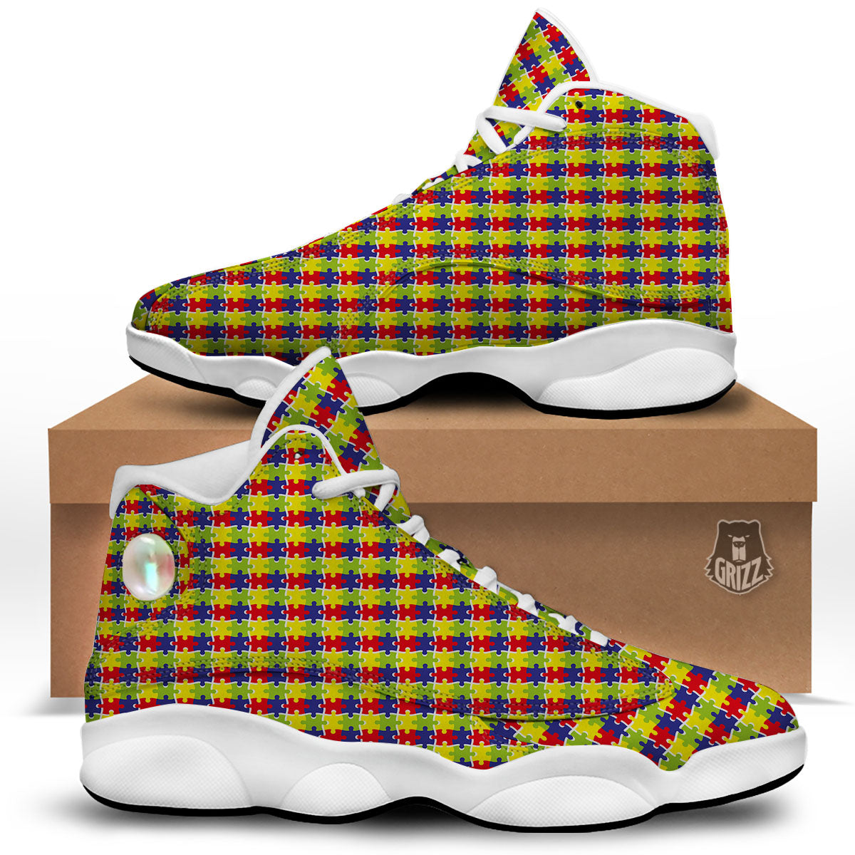 Jigsaw Autism Awareness Print White Basketball Shoes-grizzshop