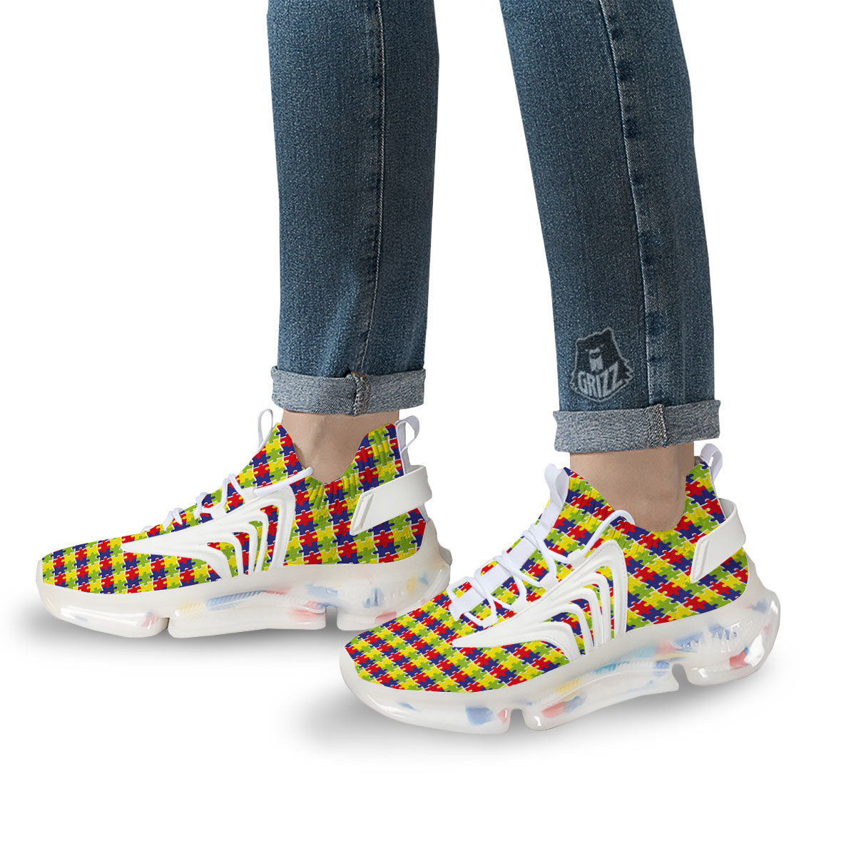 Jigsaw Autism Awareness Print White Gym Shoes-grizzshop
