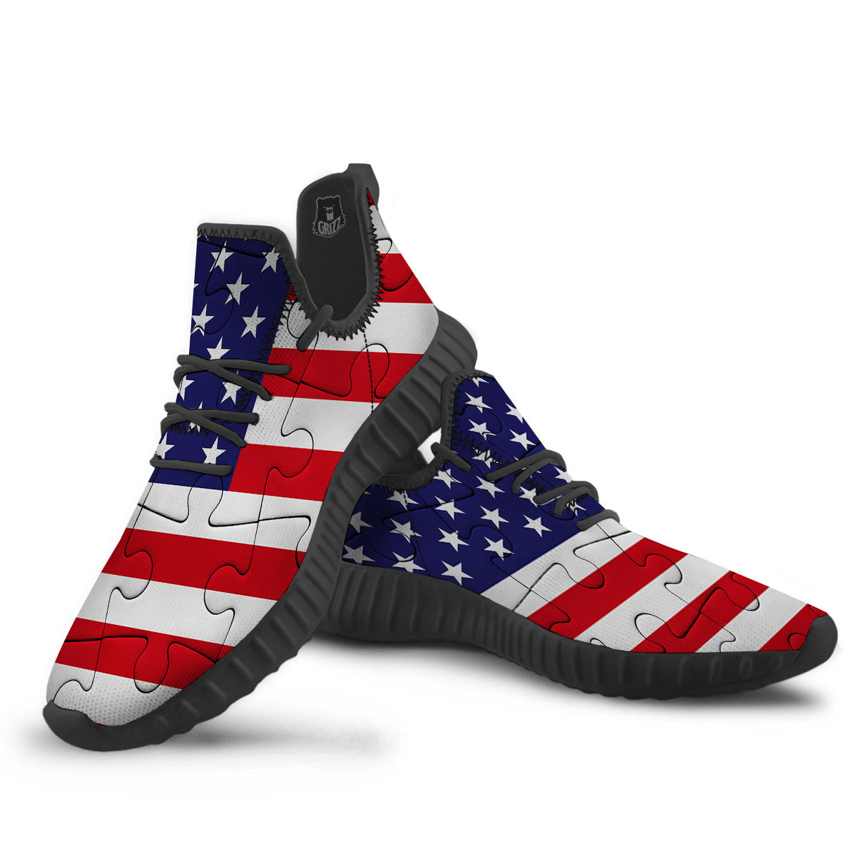Jigsaw Puzzle American Flag Print Black Walking Shoes-grizzshop