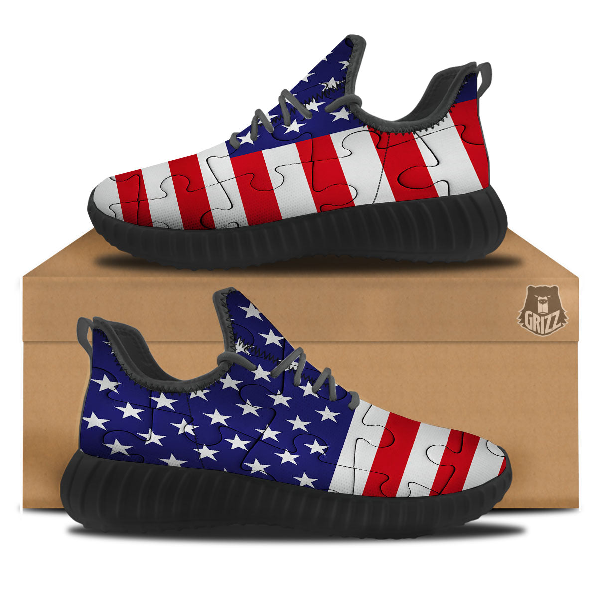 Jigsaw Puzzle American Flag Print Black Walking Shoes-grizzshop