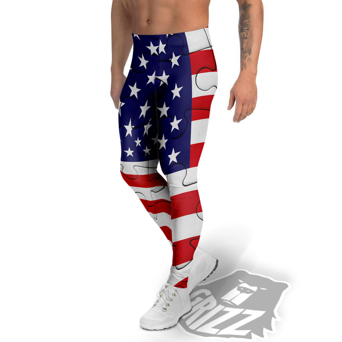 Jigsaw Puzzle American Flag Print Men's Leggings-grizzshop