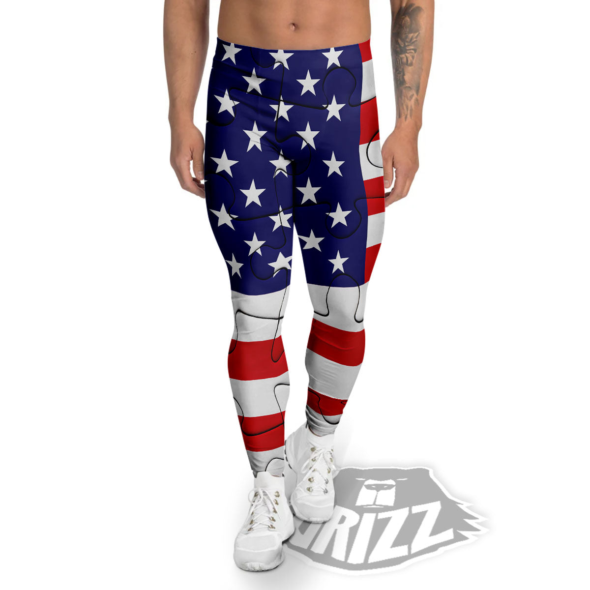 Jigsaw Puzzle American Flag Print Men's Leggings-grizzshop
