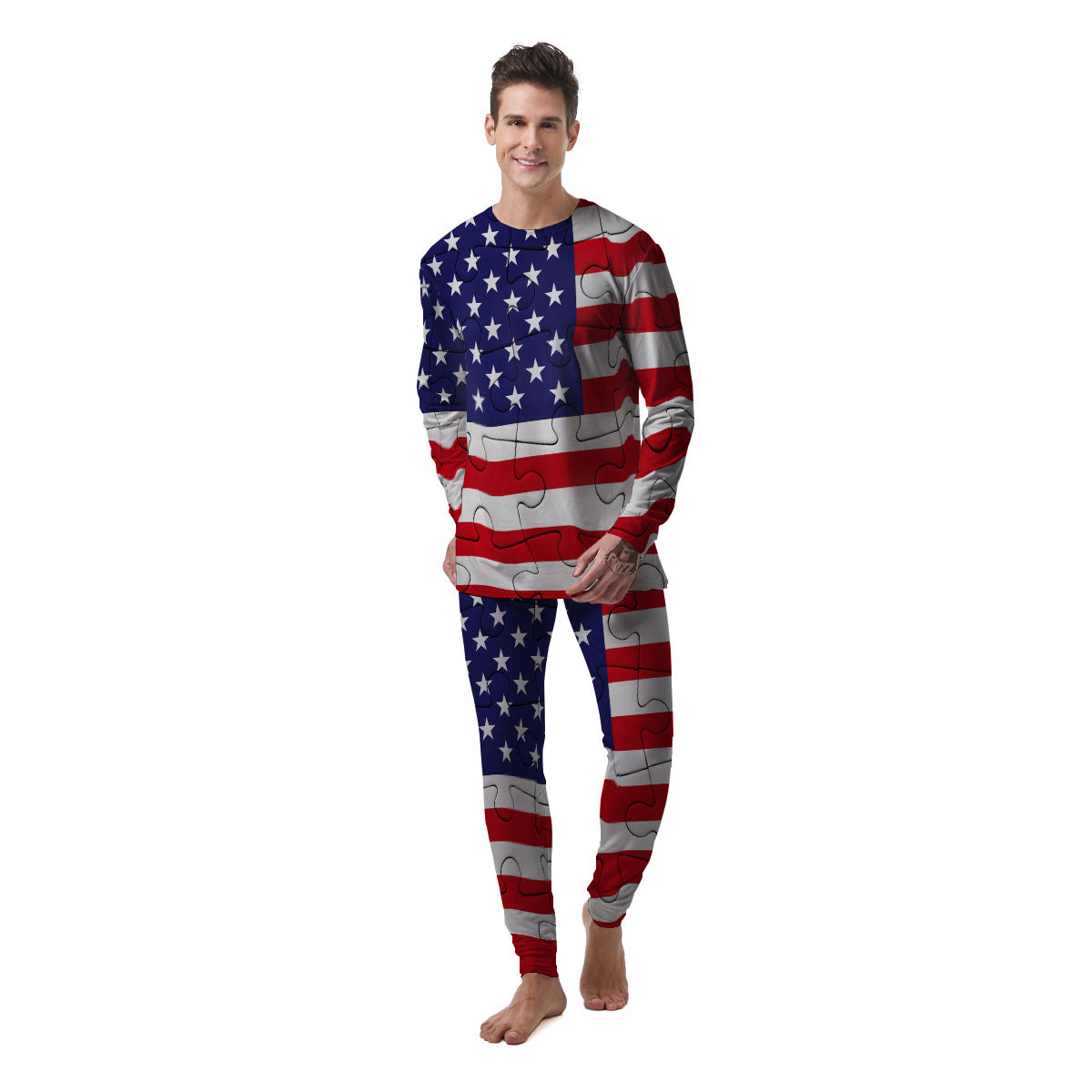 Jigsaw Puzzle American Flag Print Men's Pajamas-grizzshop