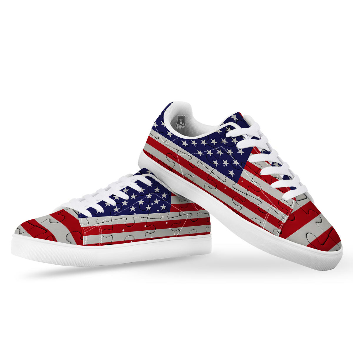 Jigsaw Puzzle American Flag Print White Low Top Sneakers-grizzshop