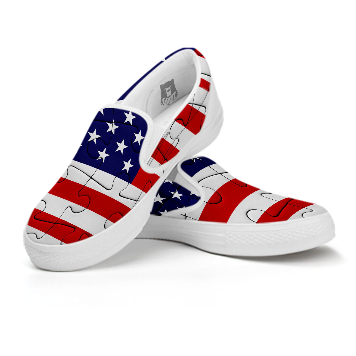 Jigsaw Puzzle American Flag Print White Slip On Shoes-grizzshop