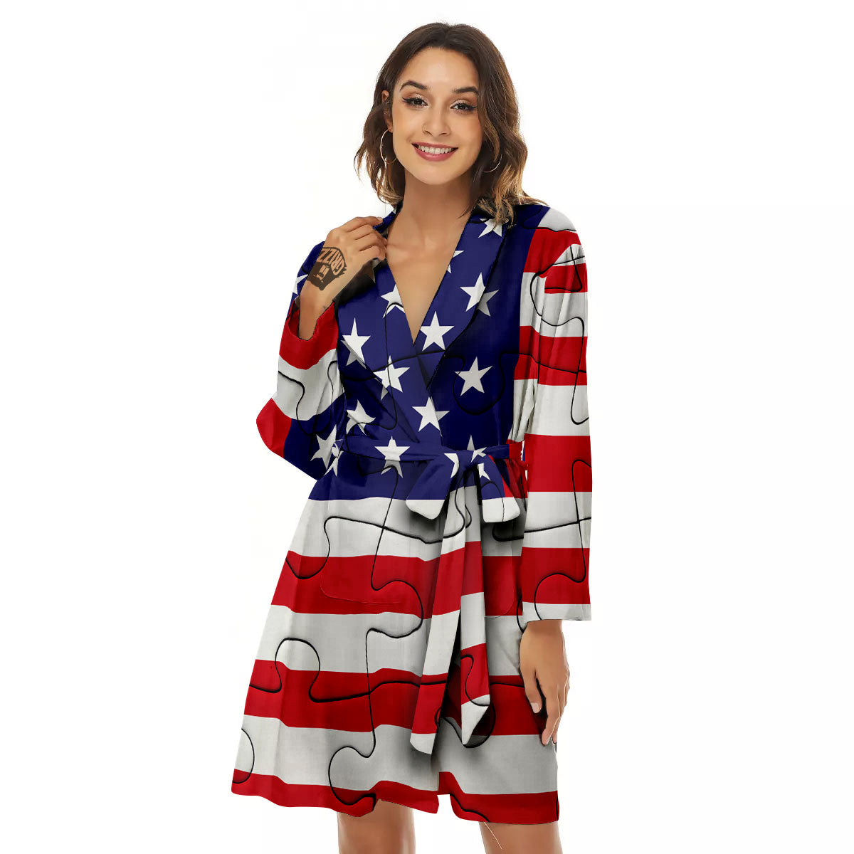 Jigsaw Puzzle American Flag Print Women's Robe-grizzshop