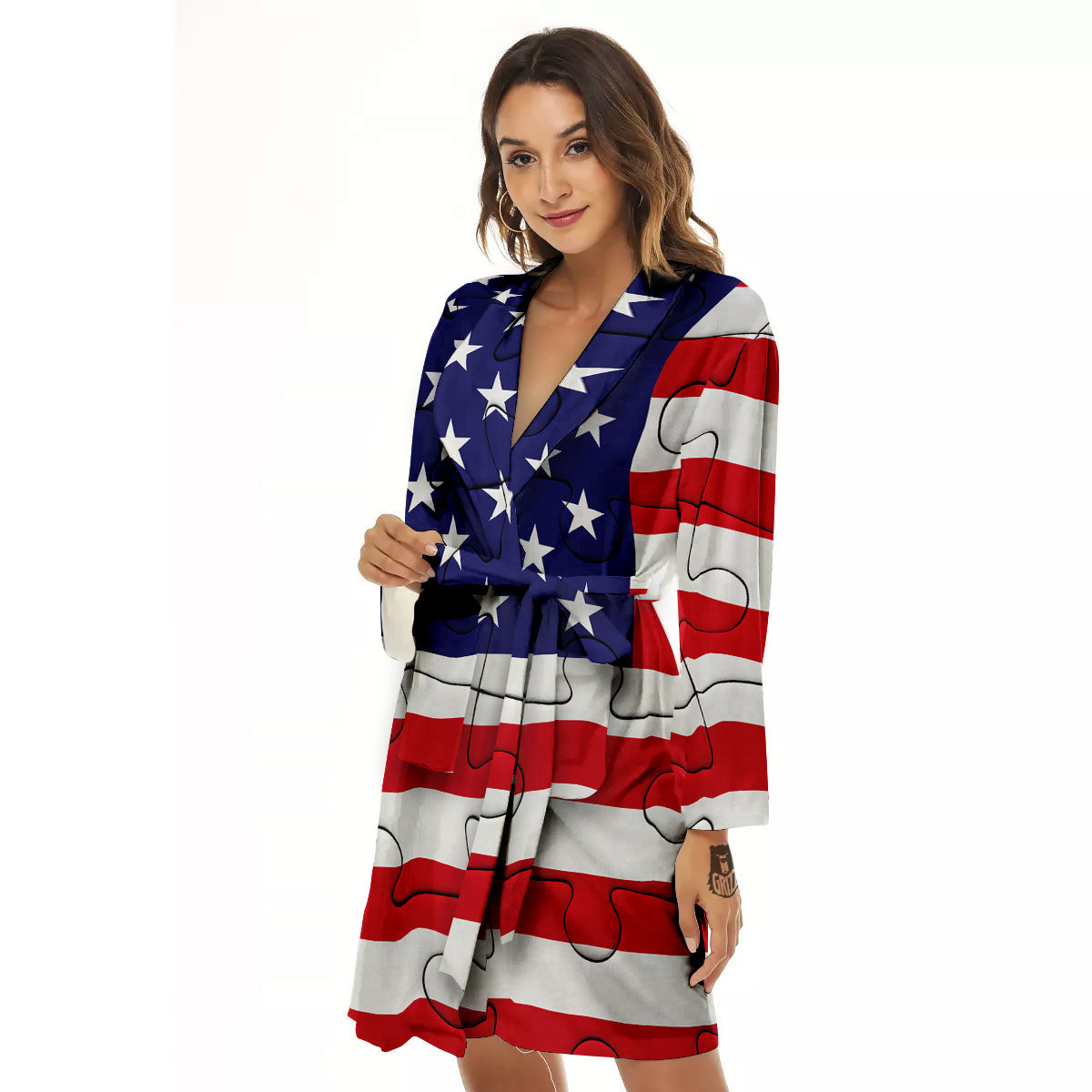 Jigsaw Puzzle American Flag Print Women's Robe-grizzshop