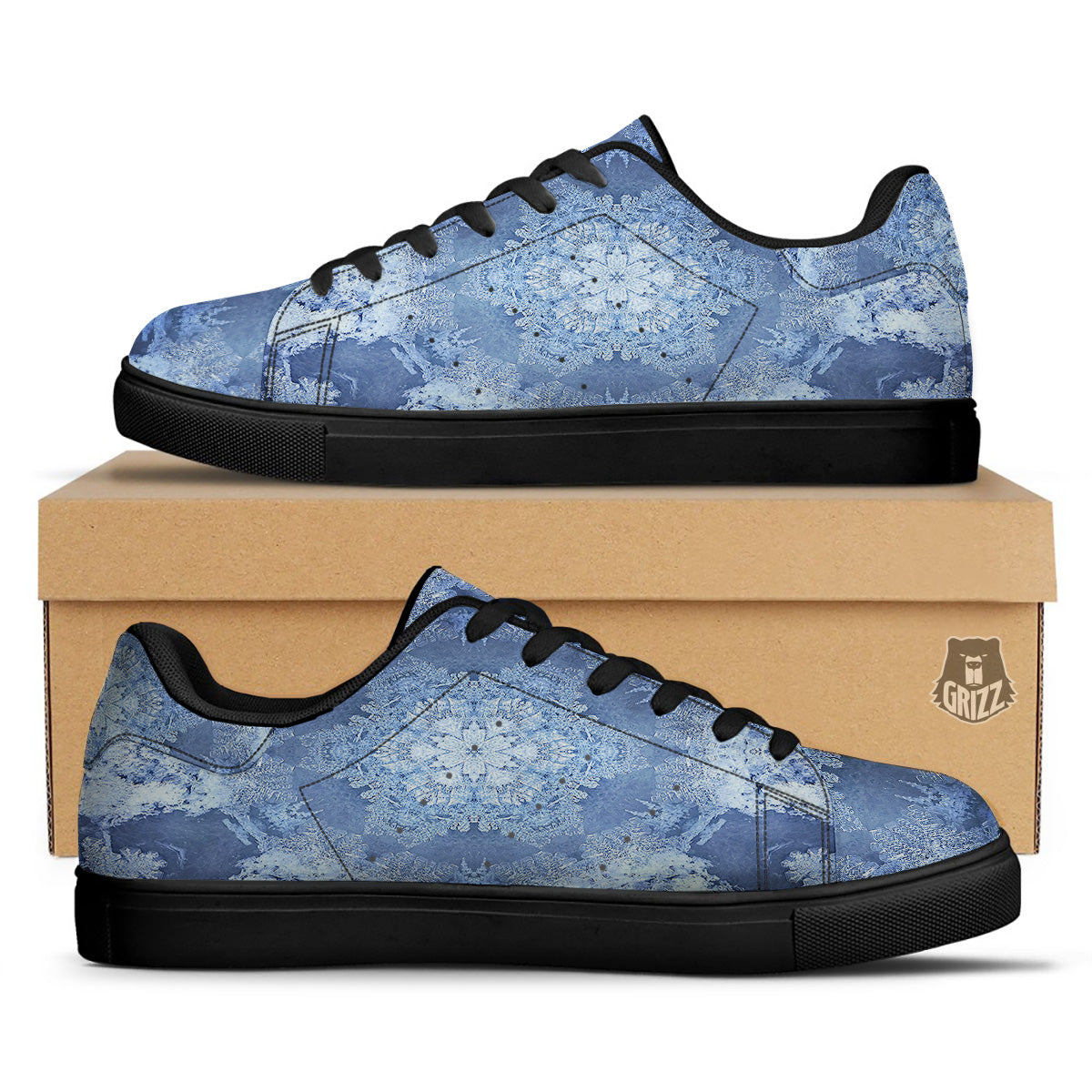 Kaleidoscope Blue Snowflake Print Black Low Top Sneakers-grizzshop