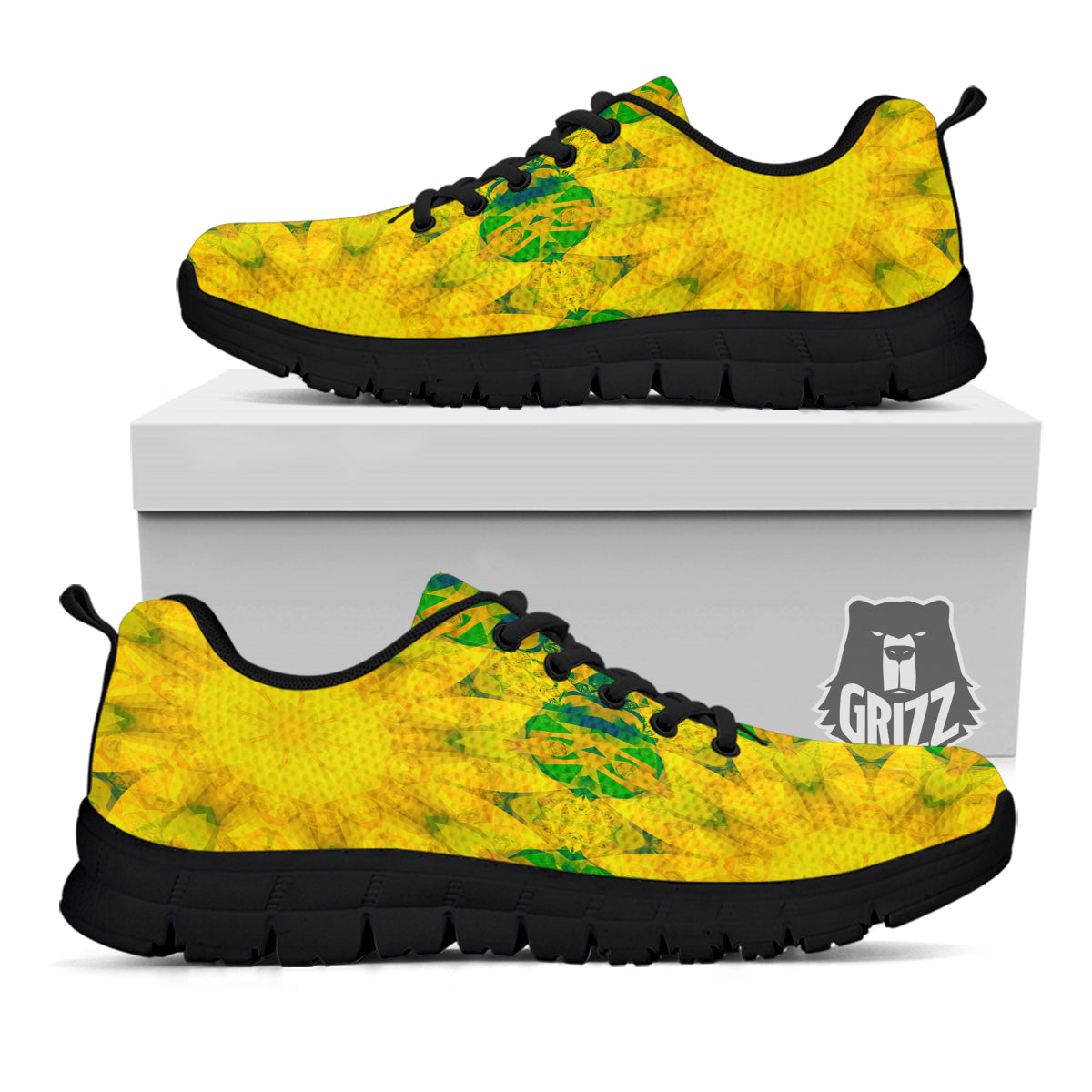 Kaleidoscope Flower Yellow Print Pattern Black Sneaker-grizzshop