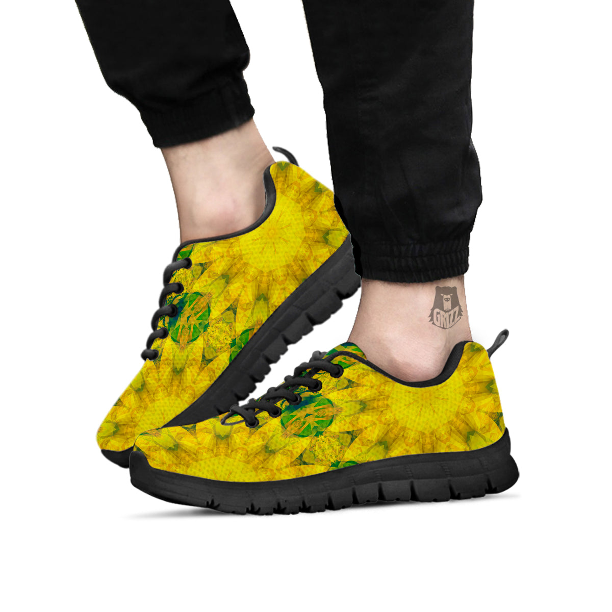 Kaleidoscope Flower Yellow Print Pattern Black Sneaker-grizzshop