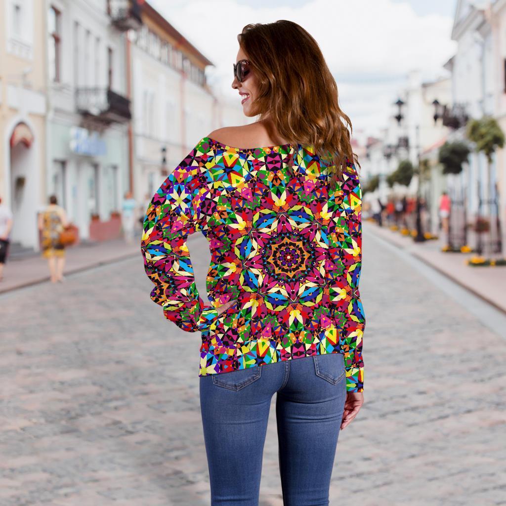 Kaleidoscope Pattern Print Women Off Shoulder Sweatshirt-grizzshop