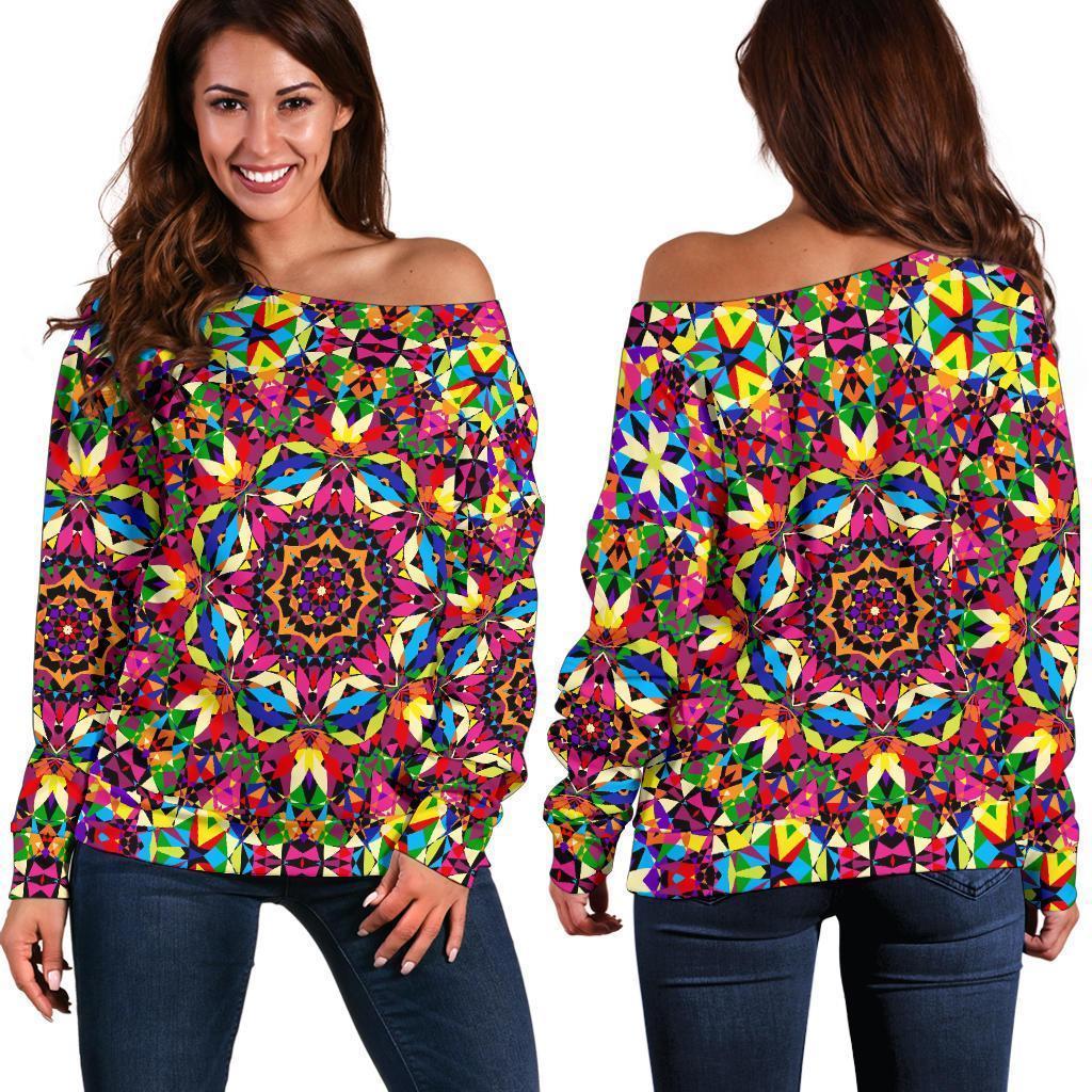 Kaleidoscope Pattern Print Women Off Shoulder Sweatshirt-grizzshop