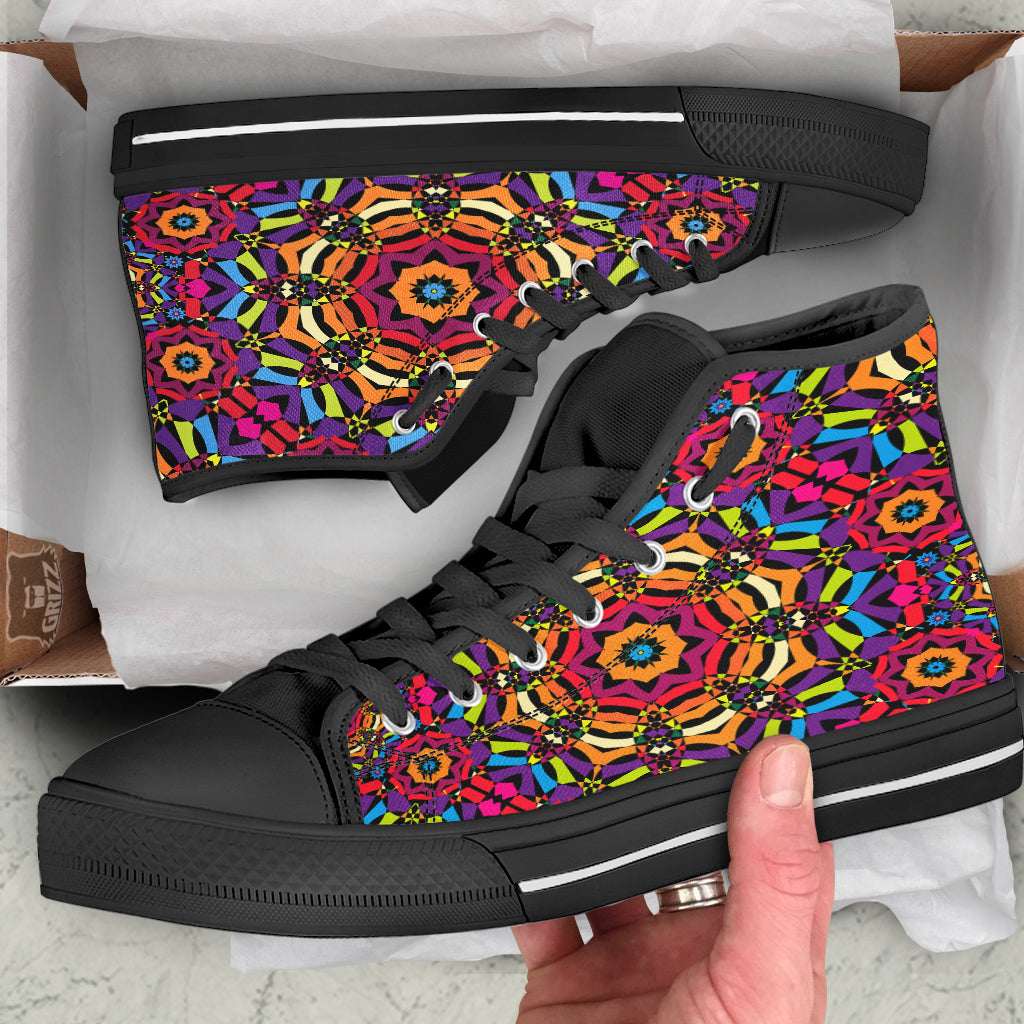 Kaleidoscope Psychedelic Colorful Print Black High Top Shoes-grizzshop