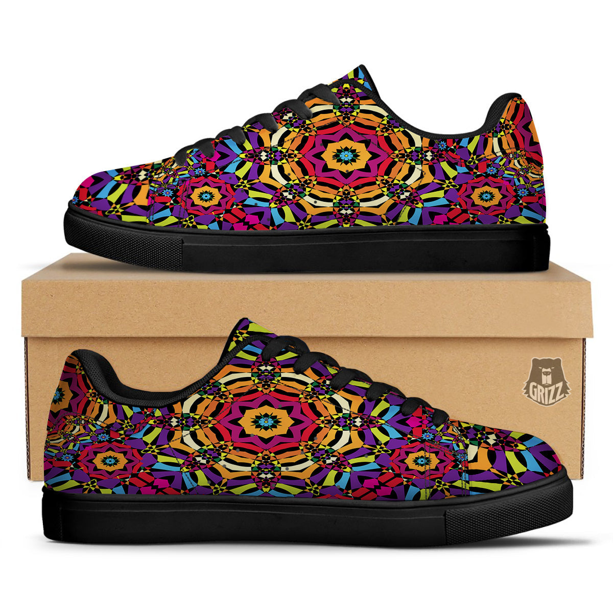 Kaleidoscope Psychedelic Colorful Print Black Low Top Sneakers-grizzshop