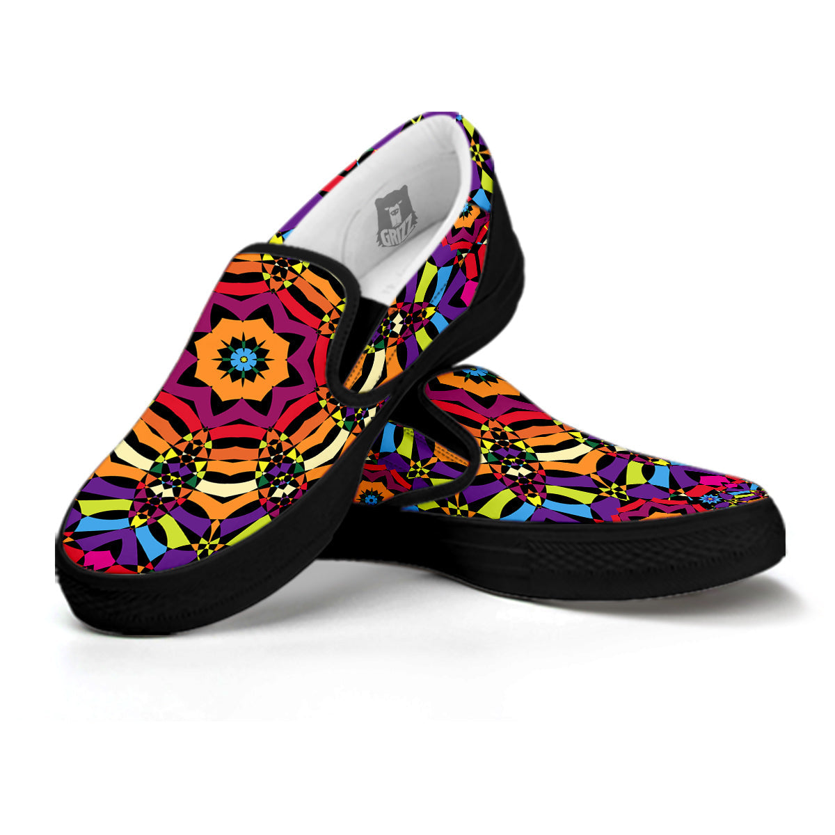 Kaleidoscope Psychedelic Colorful Print Black Slip On Shoes-grizzshop