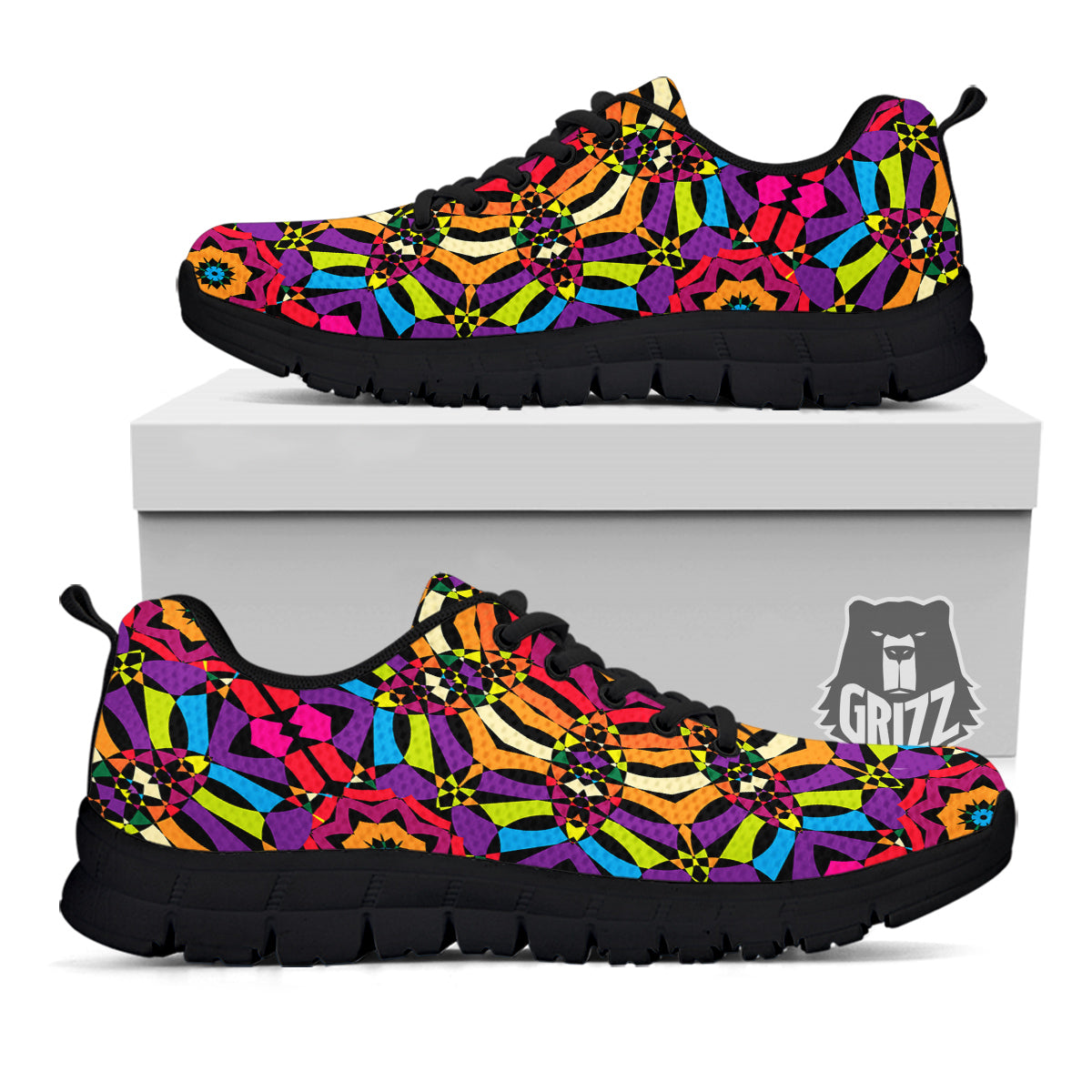 Kaleidoscope Psychedelic Colorful Print Black Sneaker-grizzshop