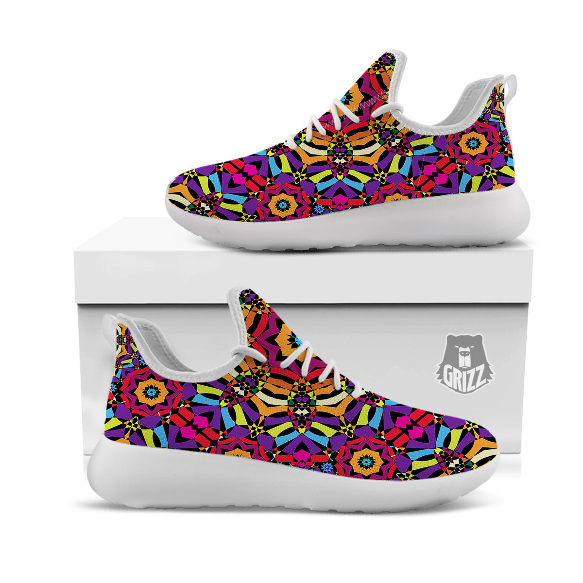 Kaleidoscope Psychedelic Colorful Print White Athletic Shoes-grizzshop