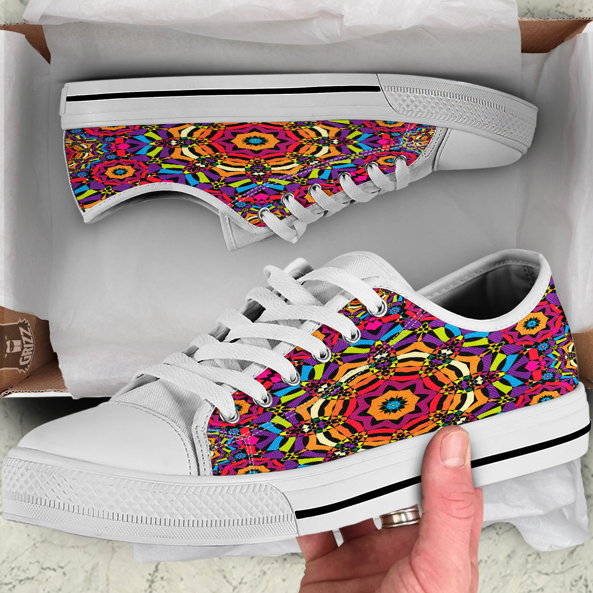 Kaleidoscope Psychedelic Colorful Print White Low Top Shoes-grizzshop