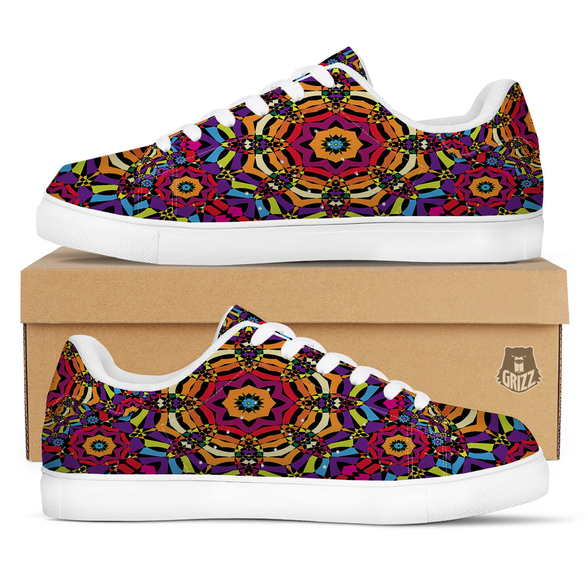 Kaleidoscope Psychedelic Colorful Print White Low Top Sneakers-grizzshop
