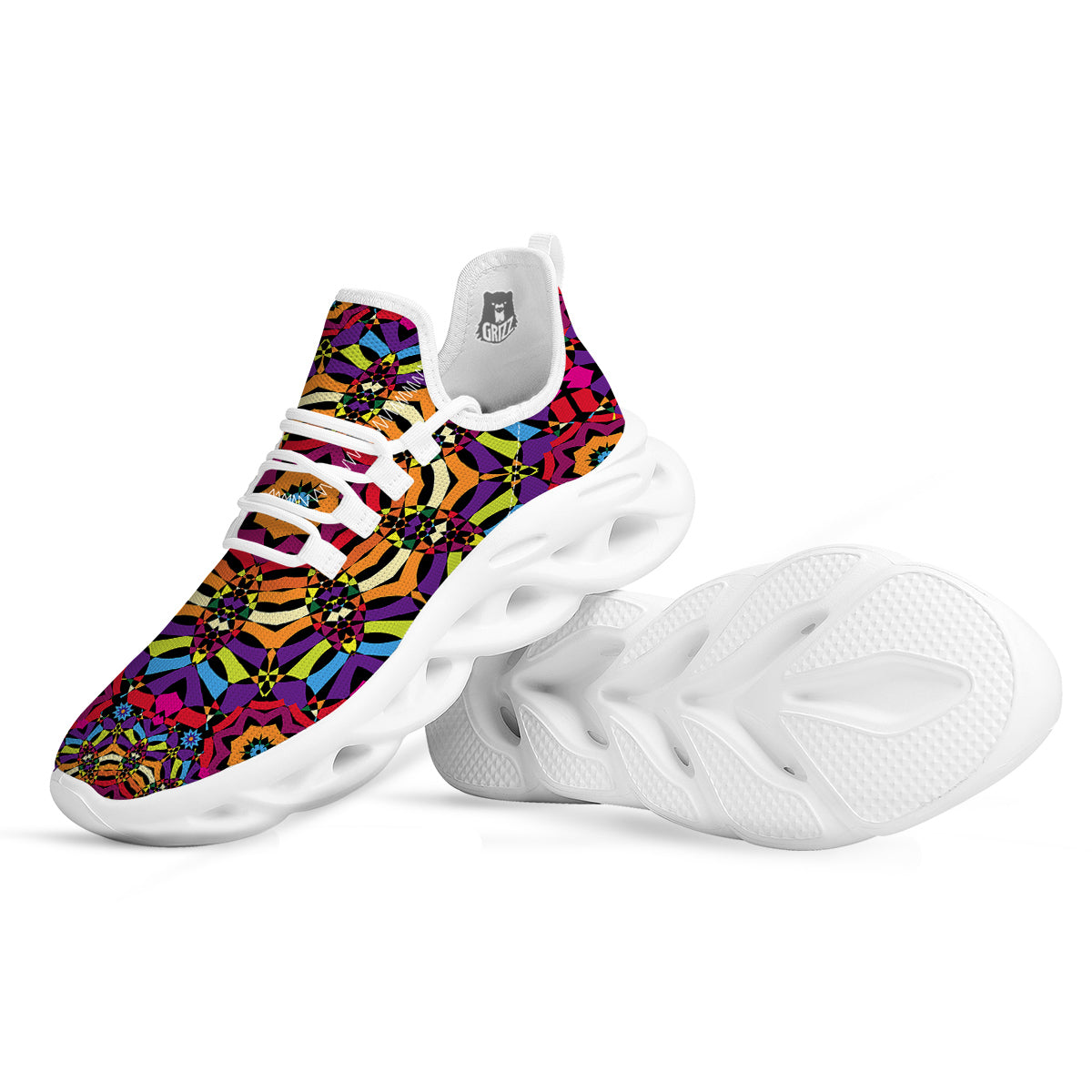 Kaleidoscope Psychedelic Colorful Print White Running Shoes-grizzshop