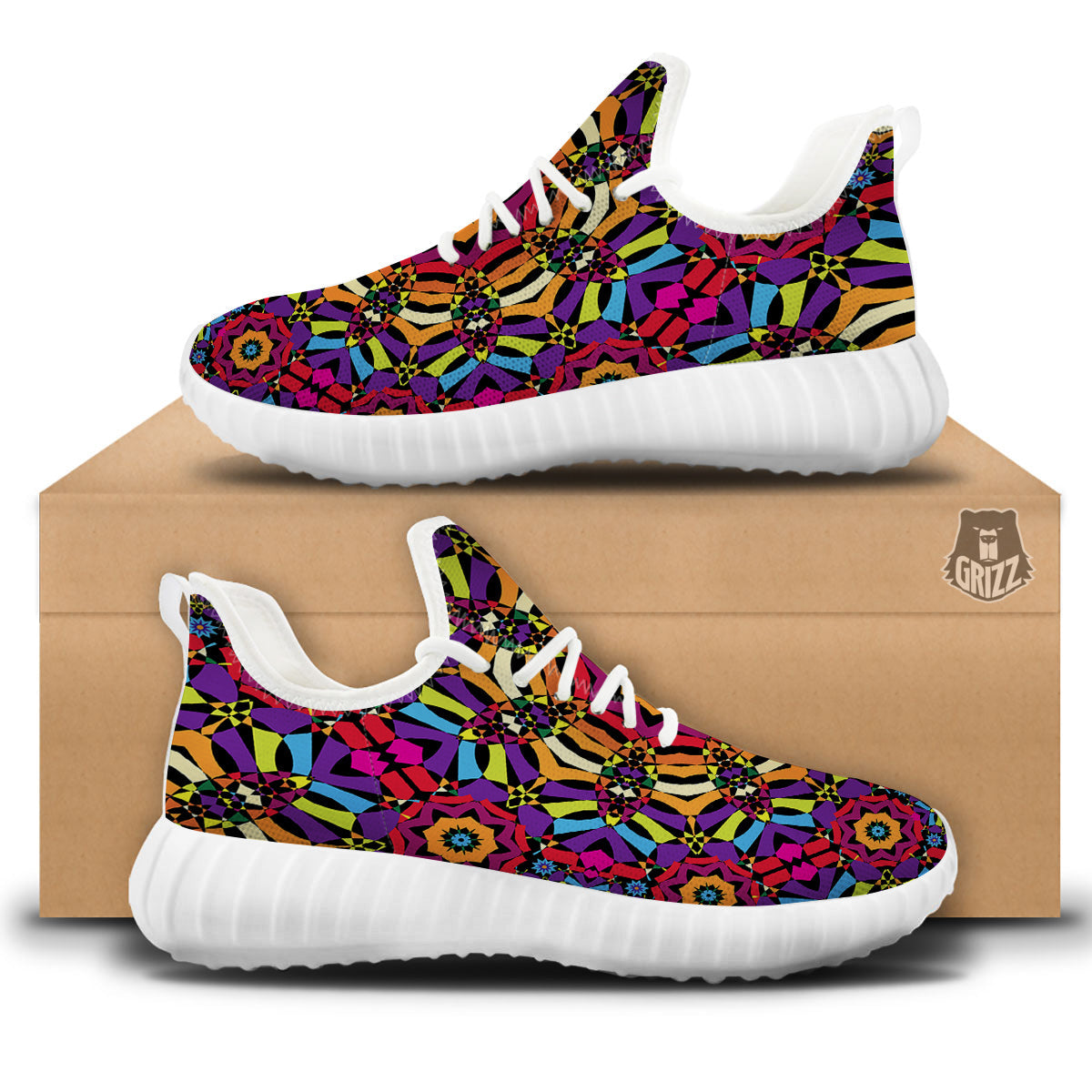 Kaleidoscope Psychedelic Colorful Print White Walking Shoes-grizzshop