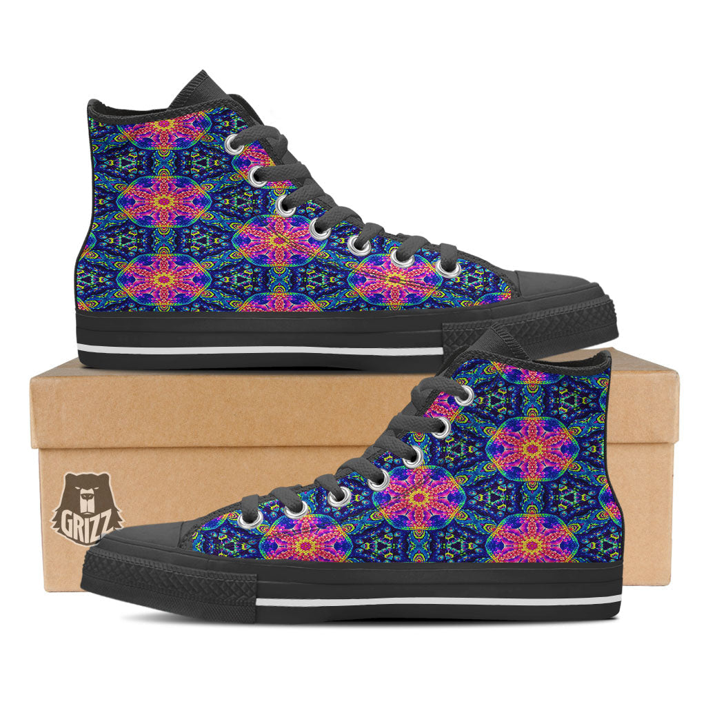 Kaleidoscope Psychedelic Print Pattern Black High Top Shoes-grizzshop