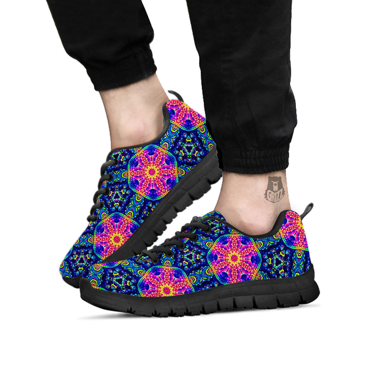 Kaleidoscope Psychedelic Print Pattern Black Sneaker-grizzshop