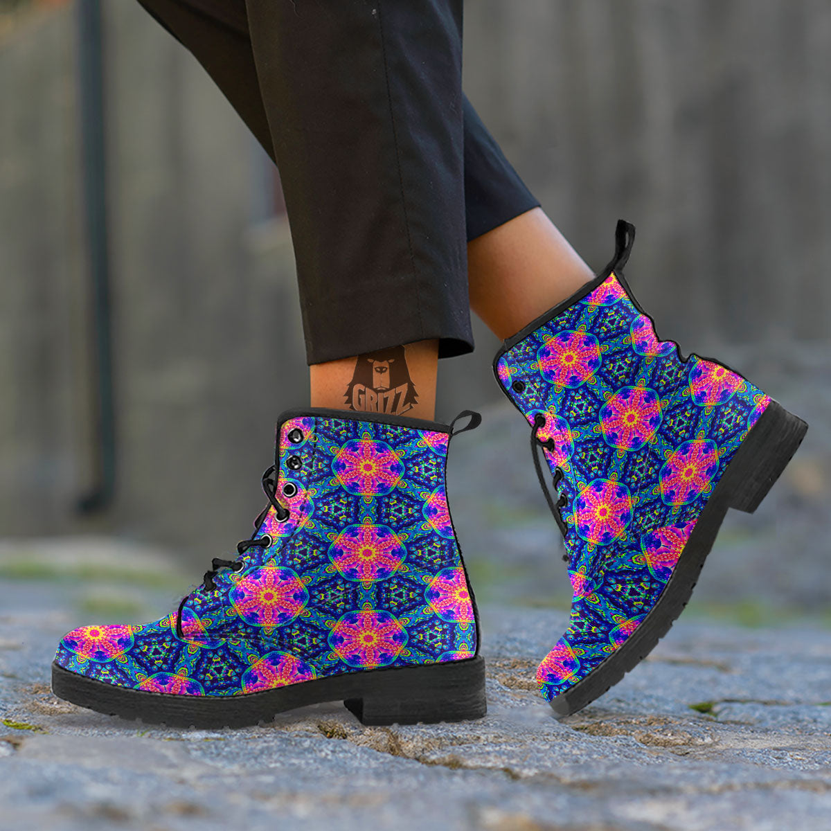 Kaleidoscope Psychedelic Print Pattern Leather Boots-grizzshop