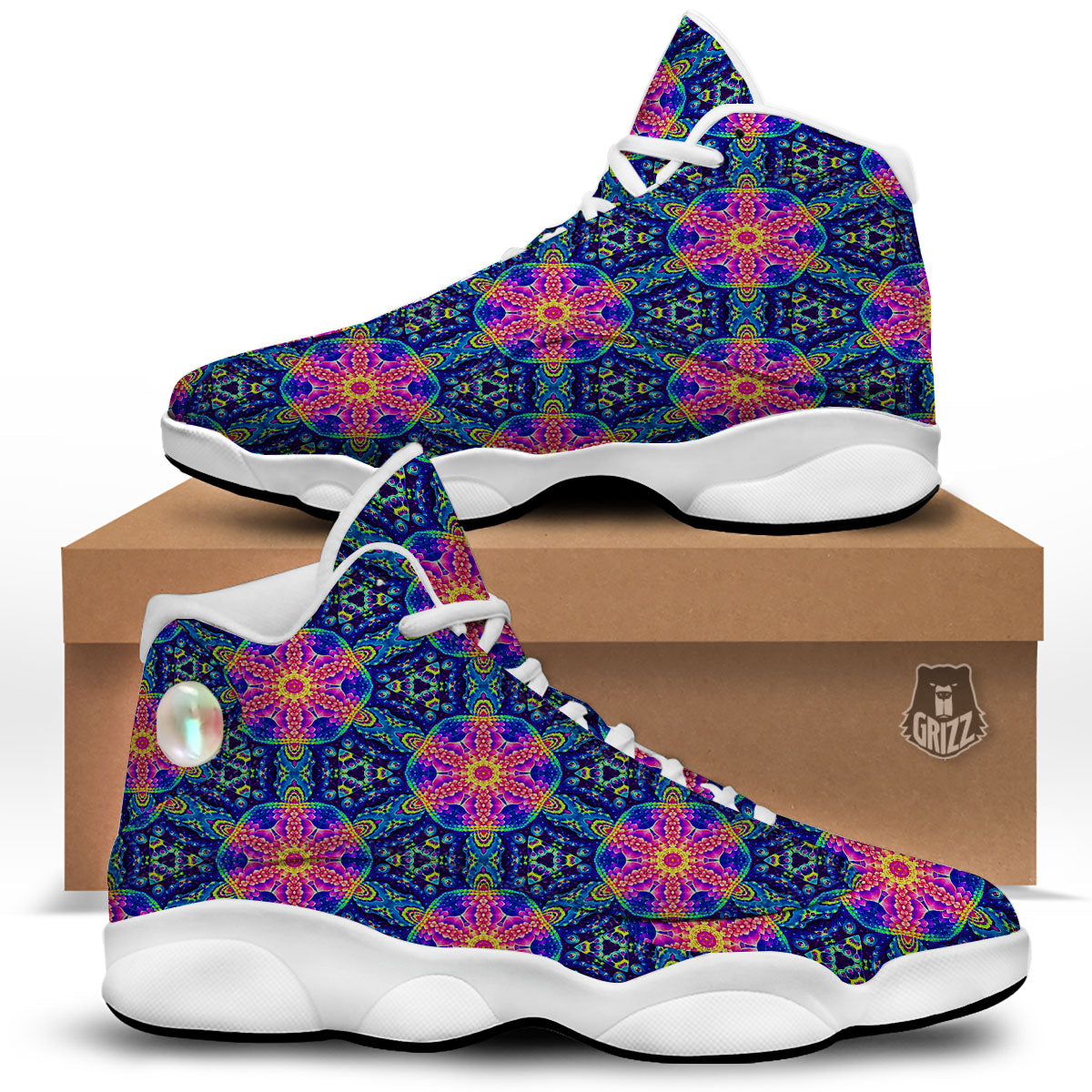 Kaleidoscope Psychedelic Print Pattern White Basketball Shoes-grizzshop