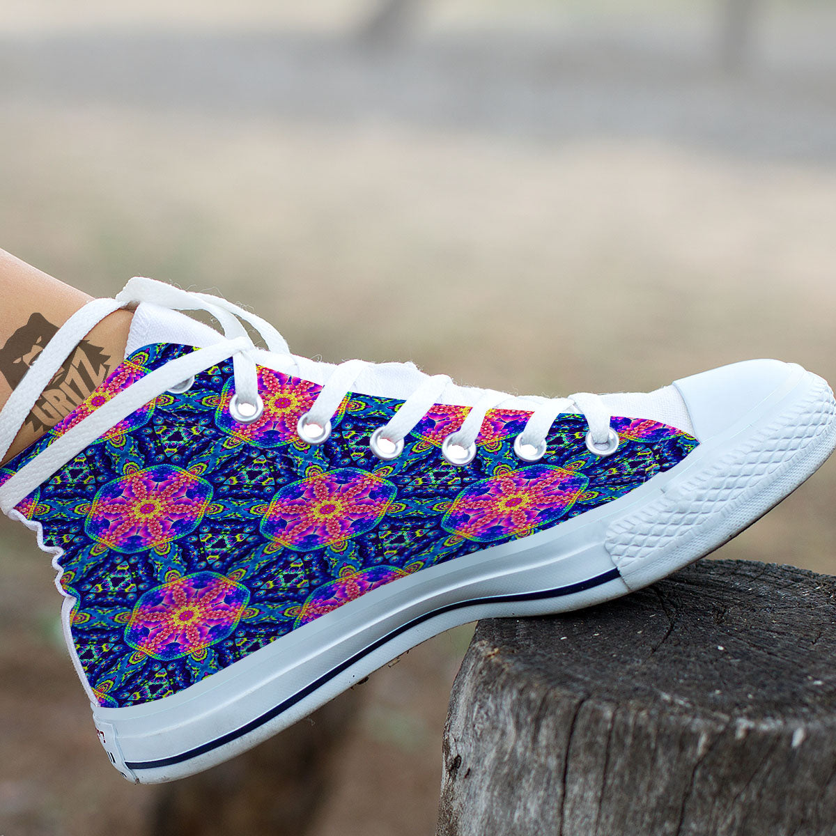 Kaleidoscope Psychedelic Print Pattern White High Top Shoes-grizzshop