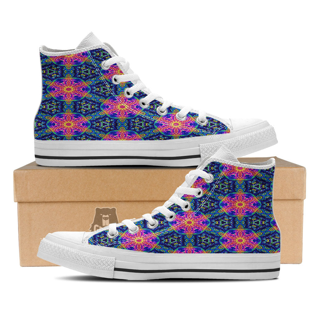 Kaleidoscope Psychedelic Print Pattern White High Top Shoes-grizzshop