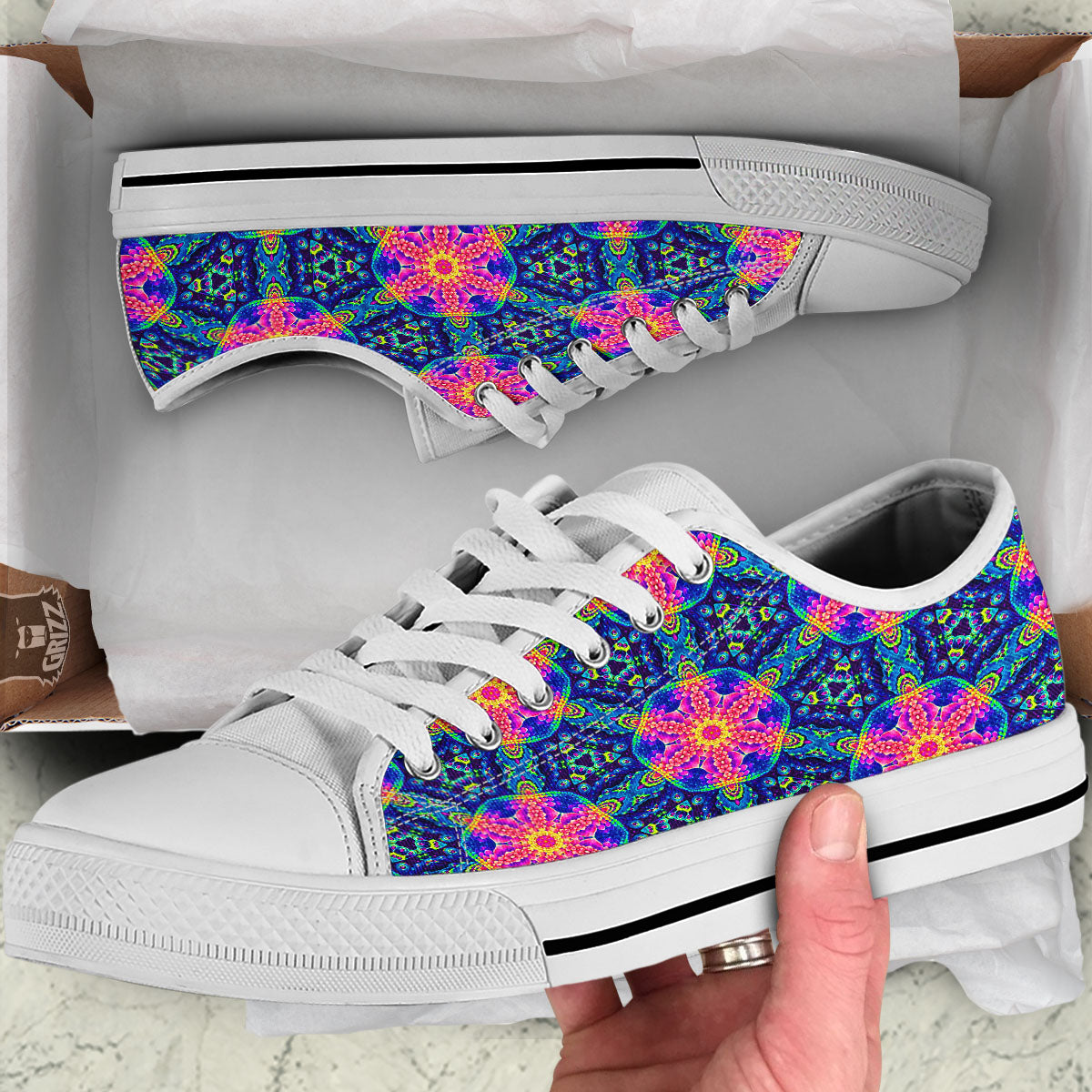 Kaleidoscope Psychedelic Print Pattern White Low Top Shoes-grizzshop