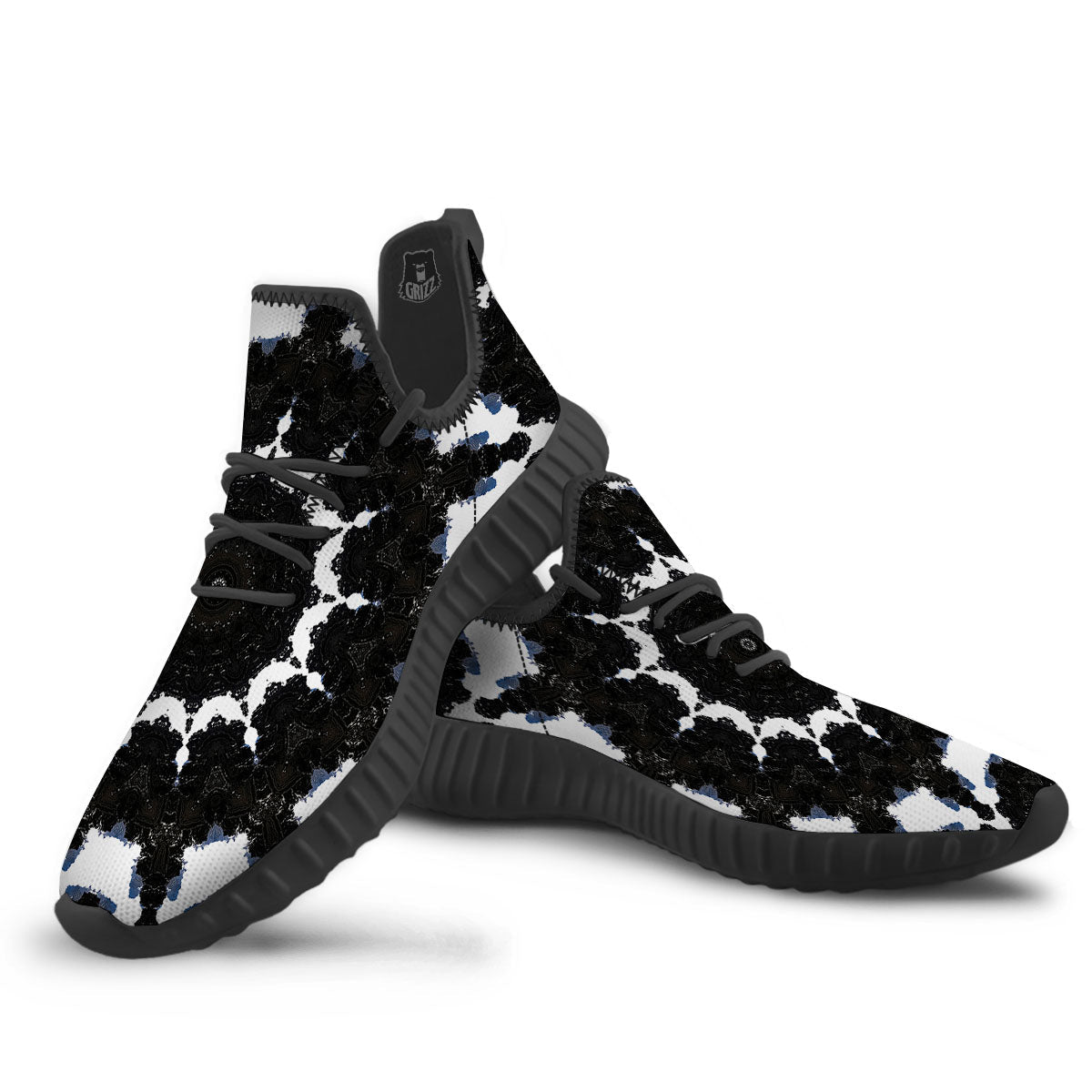 Kaleidoscope White And Black Print Black Walking Shoes-grizzshop